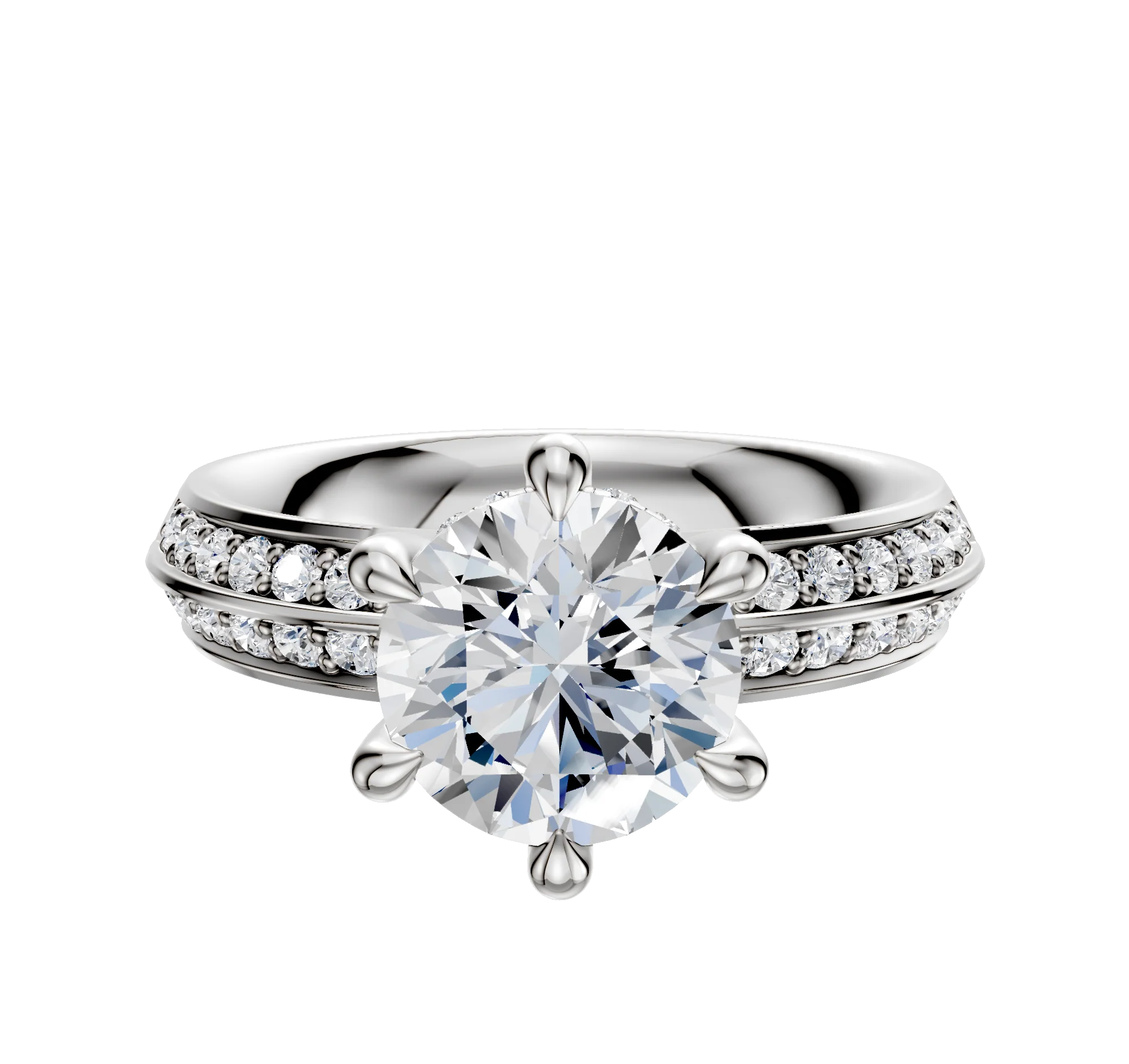 18K White Gold 6 Prong Hidden Halo Classic Knife Edge 1-Row-Pave 2.5mm Engagement Ring