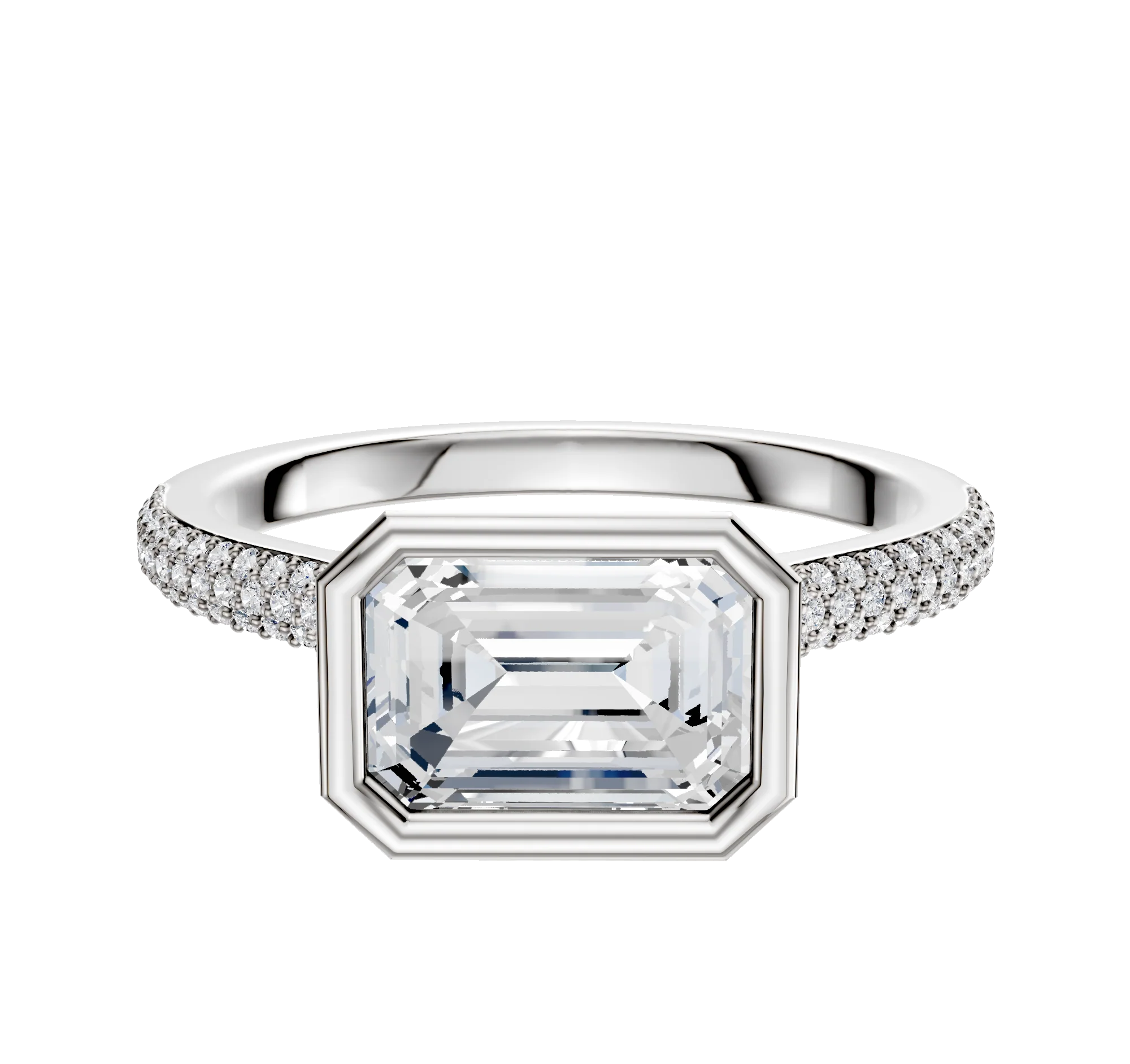 18K White Gold Bezel Full Bezel East/West Cathedral Dome 3-Row-Pave 2.0mm Engagement Ring