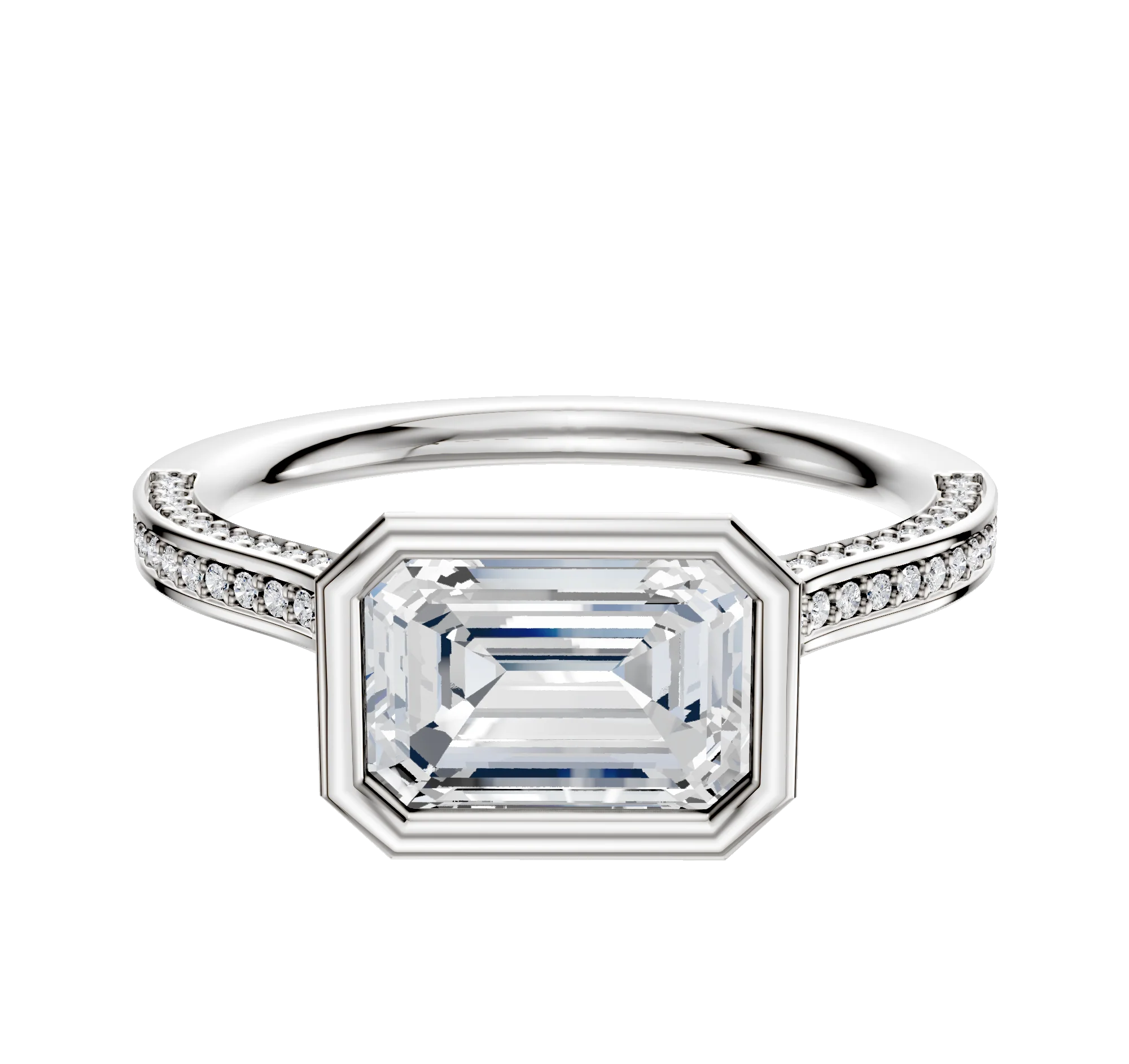 18K White Gold Bezel Full Bezel East/West Cathedral Flat 3-Row-Pave 2.0mm Engagement Ring