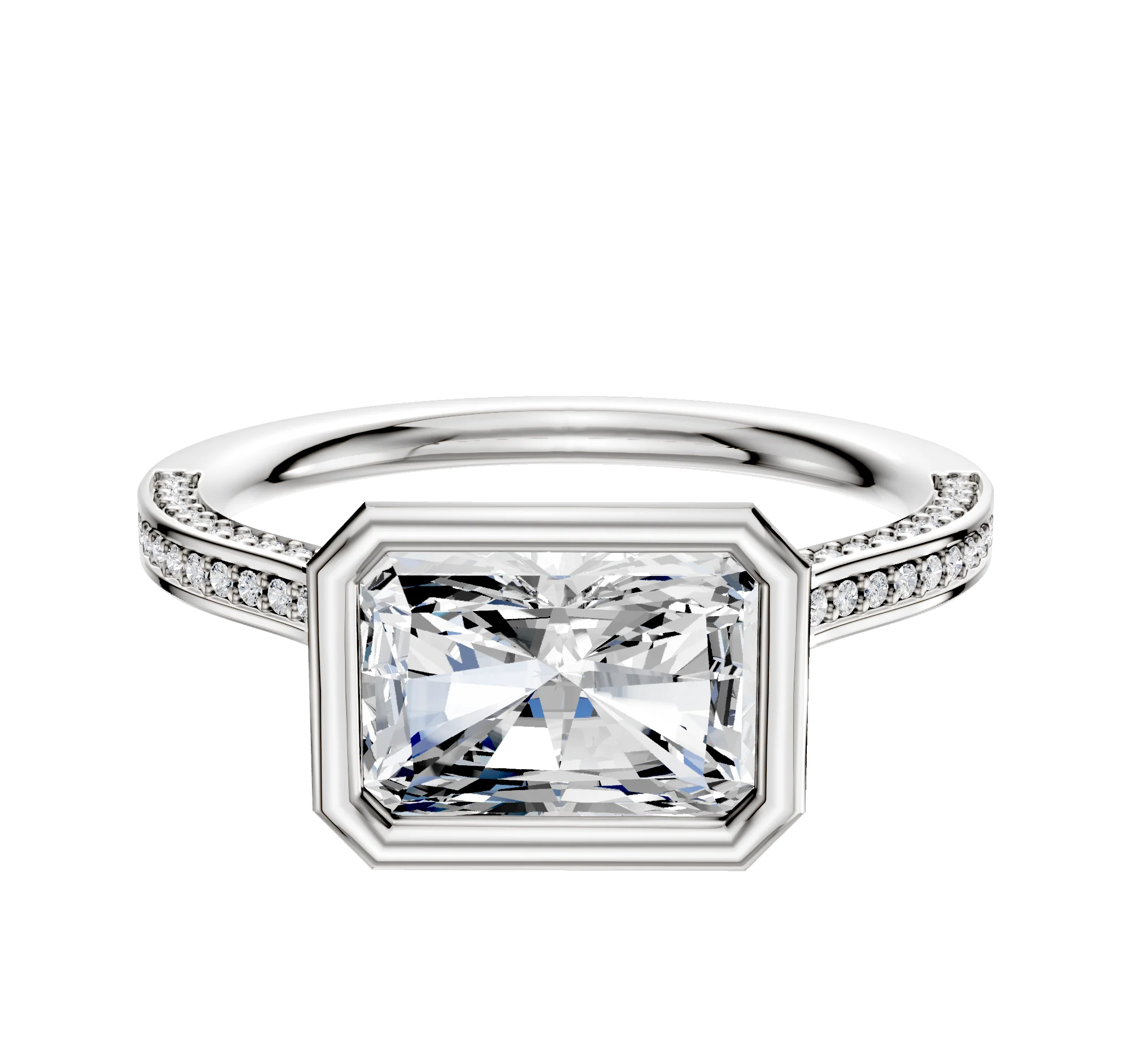 18K White Gold Bezel Full Bezel East/West Cathedral Flat 3-Row-Pave 2.0mm Engagement Ring
