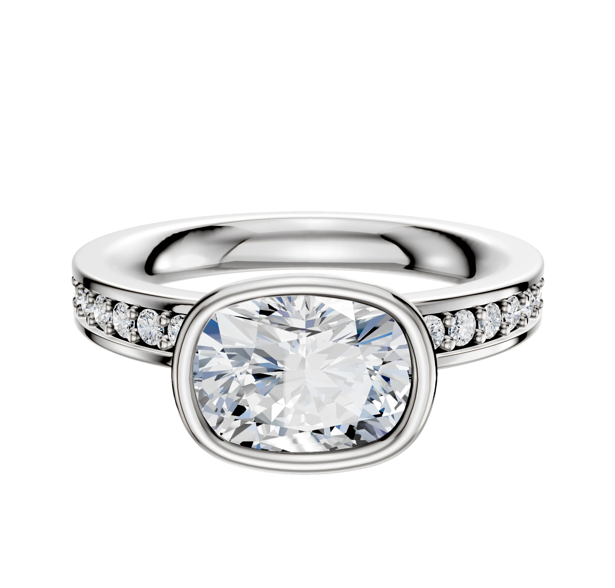 18K White Gold Bezel Full Bezel East/West Classic Flat 1-Row-Pave 2.5mm Engagement Ring