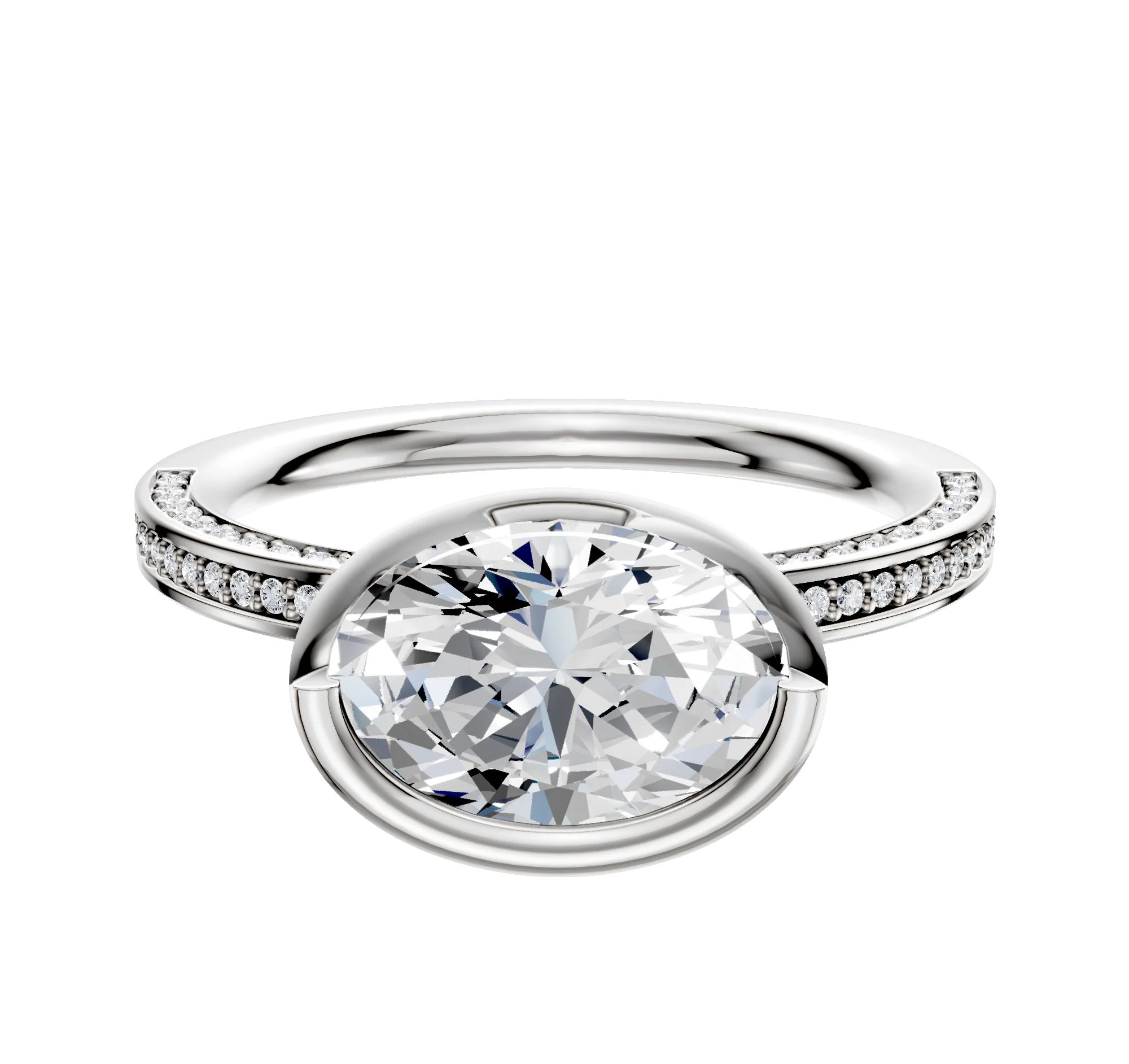 18K White Gold Bezel Full Bezel East/West Classic Flat 3-Row-Pave 2.0mm Engagement Ring