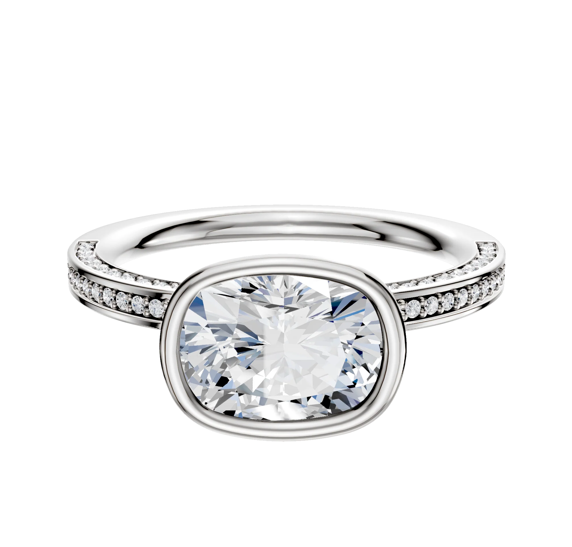 18K White Gold Bezel Full Bezel East/West Classic Flat 3-Row-Pave 2.0mm Engagement Ring