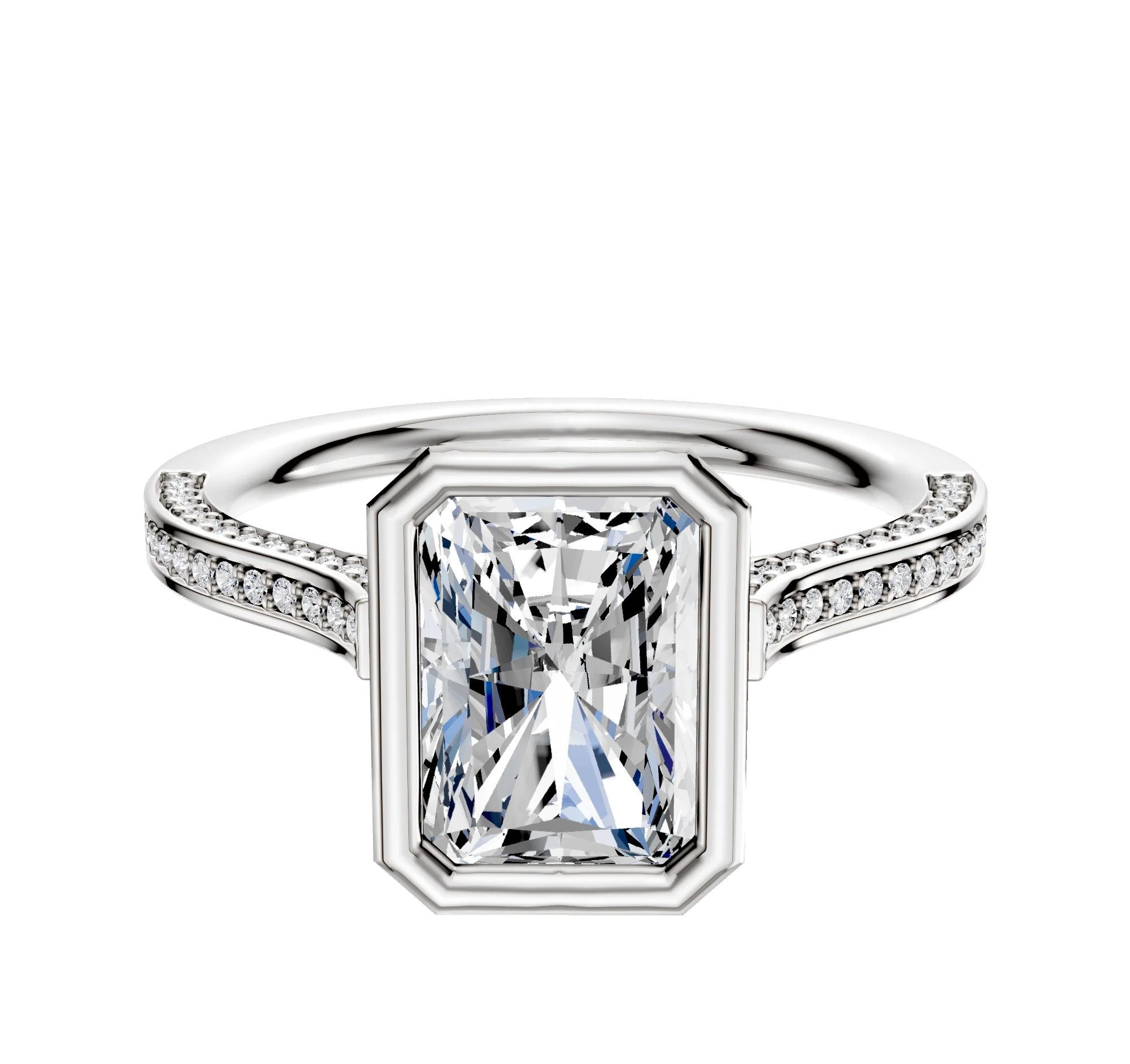 18K White Gold Bezel Full Bezel North/South Cathedral Flat 3-Row-Pave 2.0mm Engagement Ring