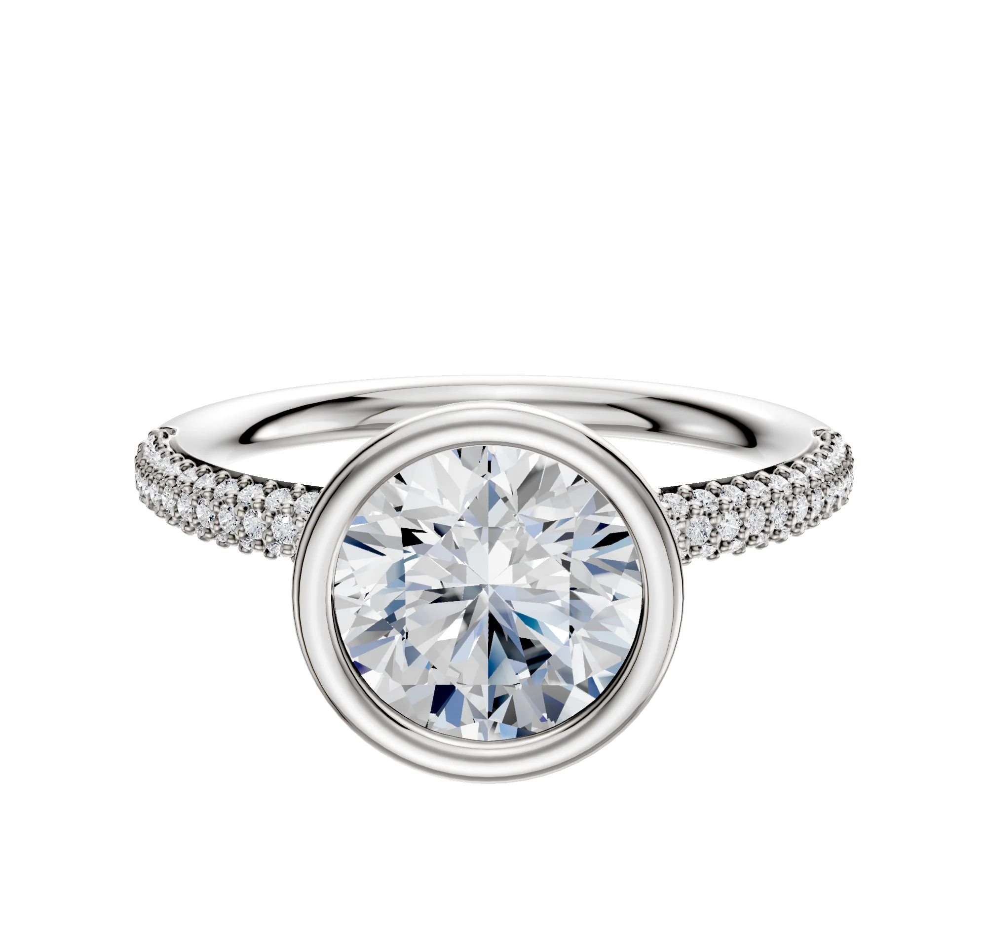 18K White Gold Bezel Full Bezel North/South Classic Dome 3-Row-Pave 2.0mm Engagement Ring