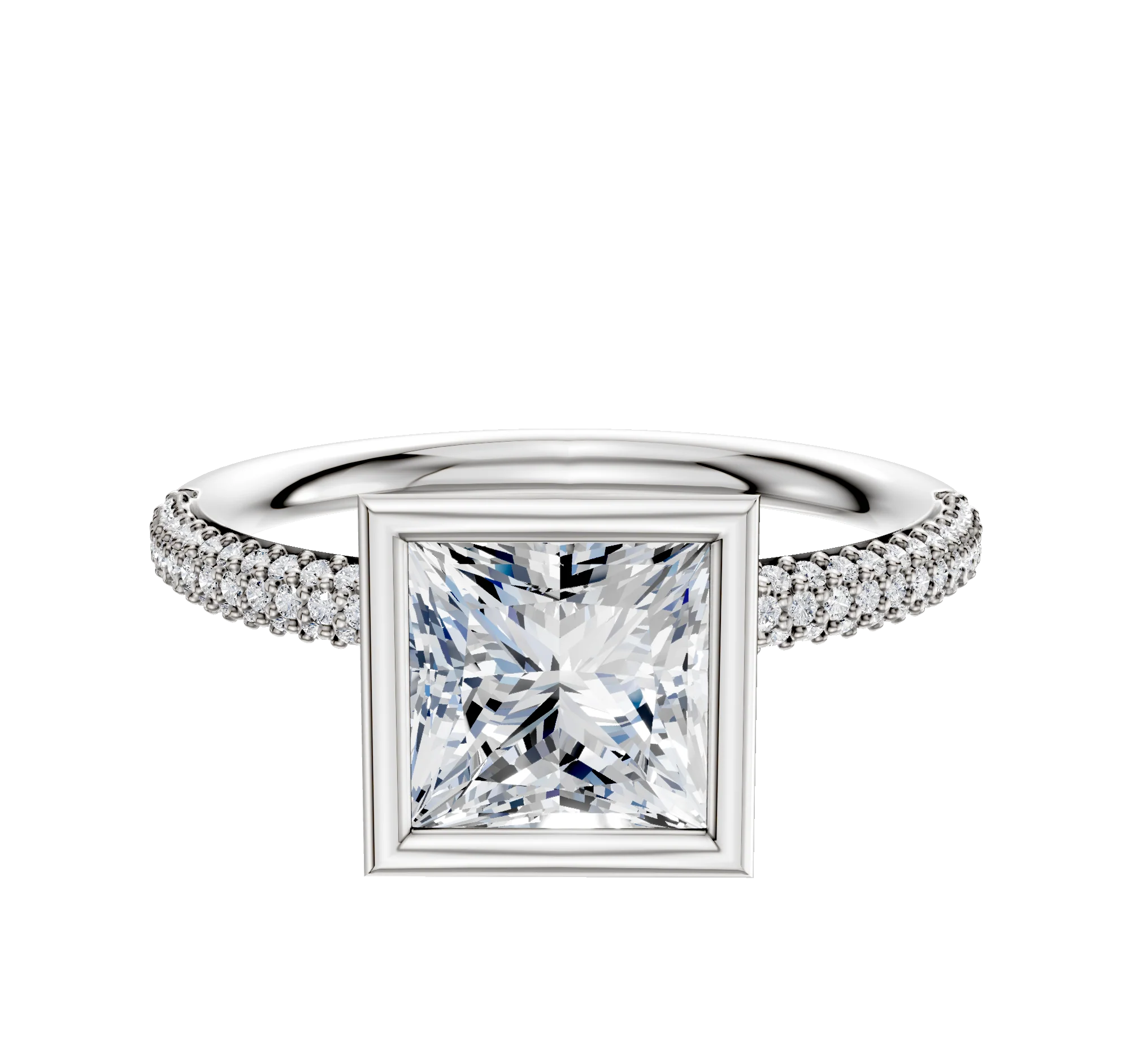 18K White Gold Bezel Full Bezel North/South Classic Dome 3-Row-Pave 2.0mm Engagement Ring