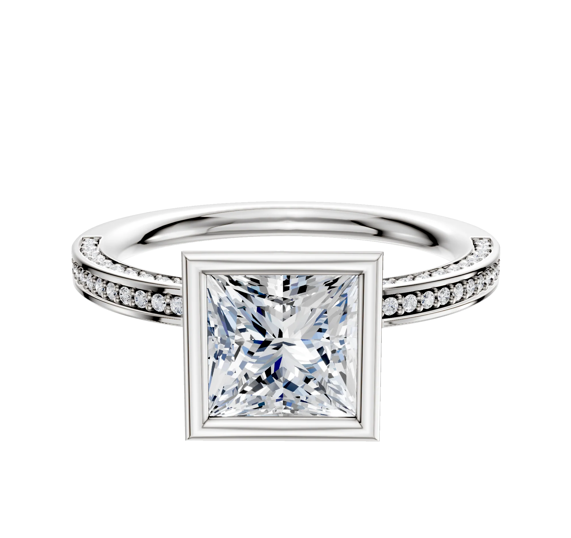 18K White Gold Bezel Full Bezel North/South Classic Flat 3-Row-Pave 2.0mm Engagement Ring