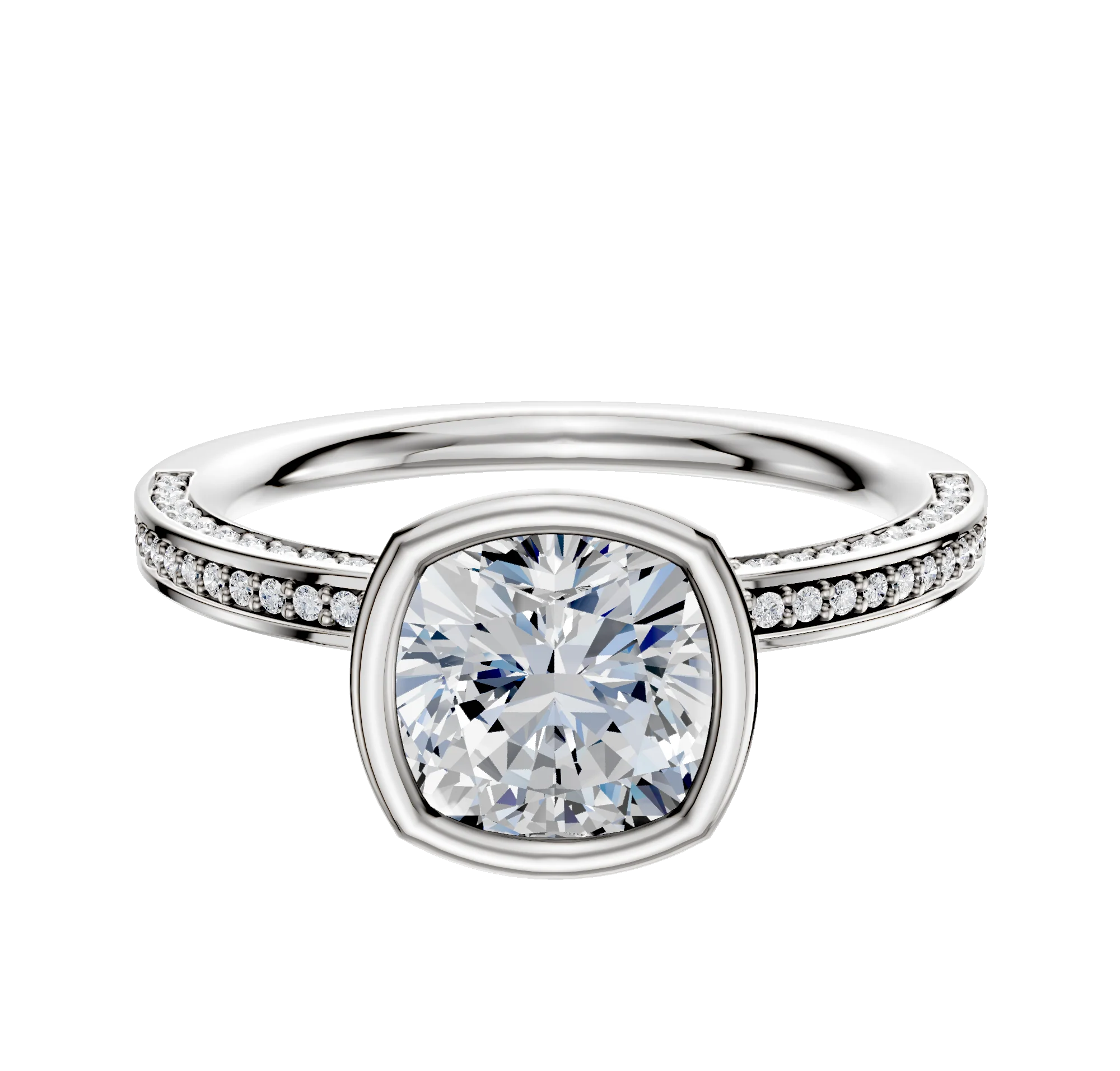 18K White Gold Bezel Full Bezel North/South Classic Flat 3-Row-Pave 2.0mm Engagement Ring