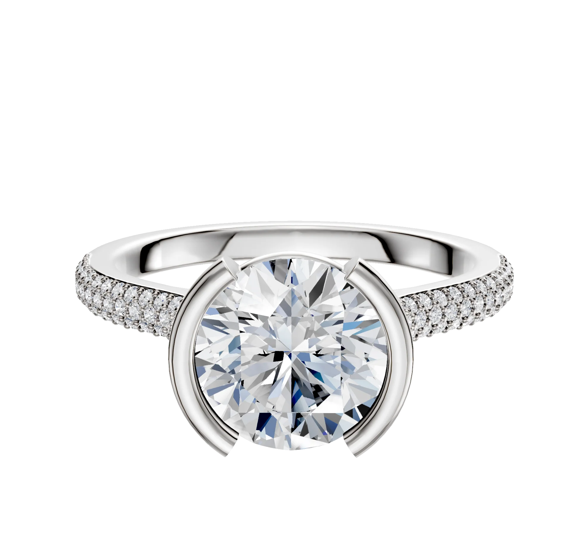 18K White Gold Bezel Half Bezel North/South Cathedral Dome 3-Row-Pave 2.0mm Engagement Ring