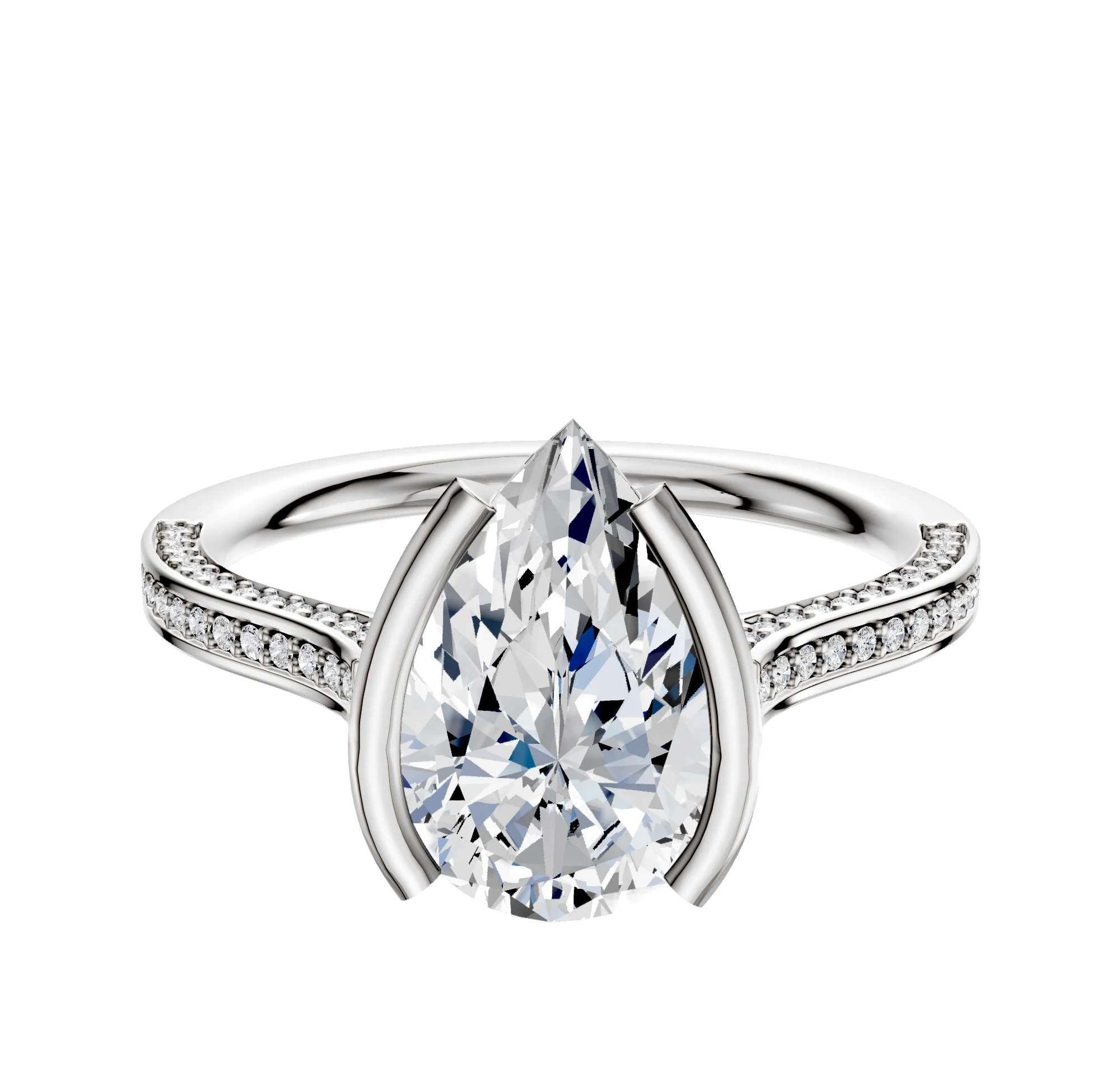 18K White Gold Bezel Half Bezel North/South Cathedral Flat 3-Row-Pave 2.0mm Engagement Ring