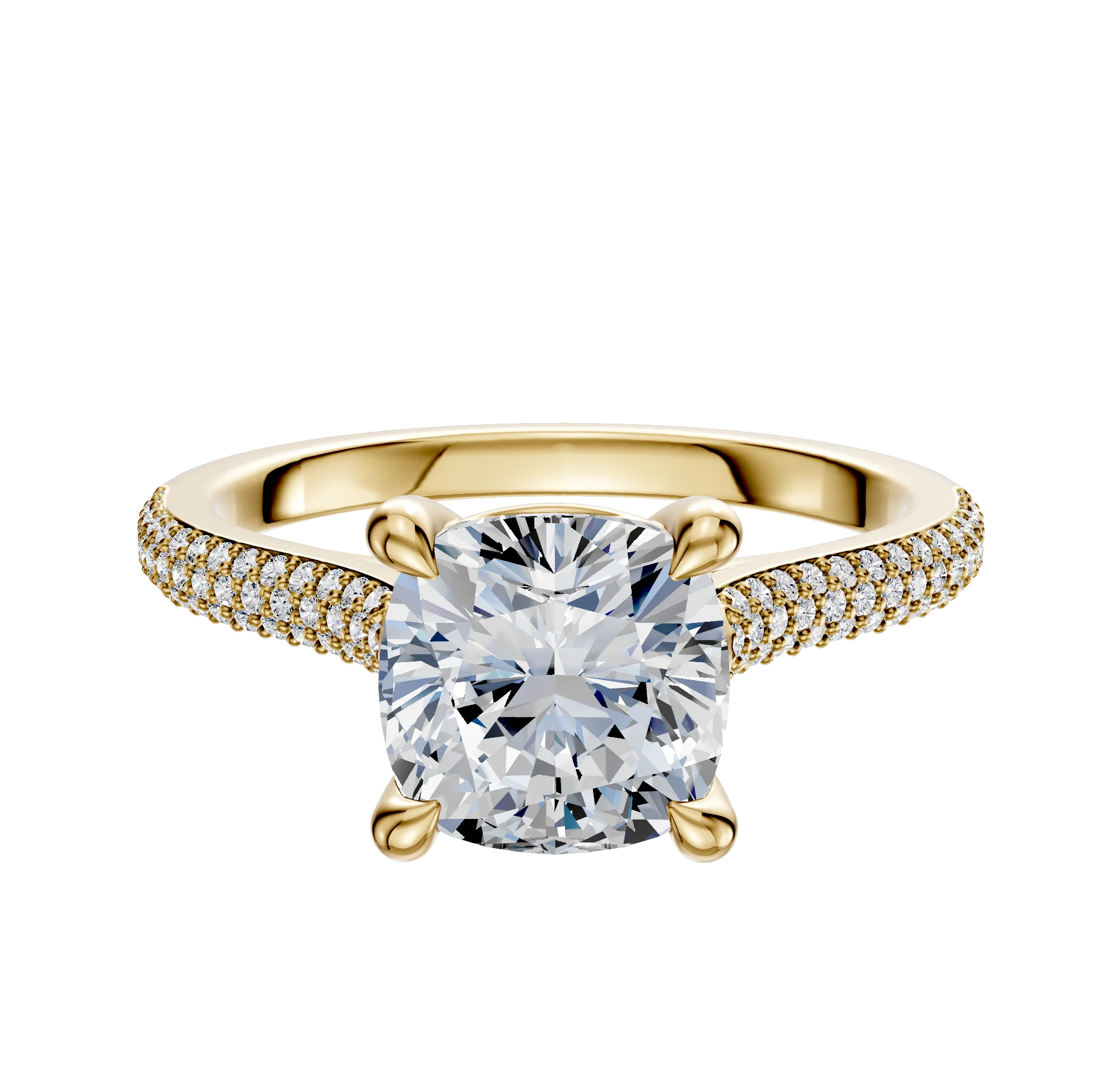 18K Yellow Gold 4 Prong Basket Cathedral Dome 3-Row-Pave 2.0mm Engagement Ring