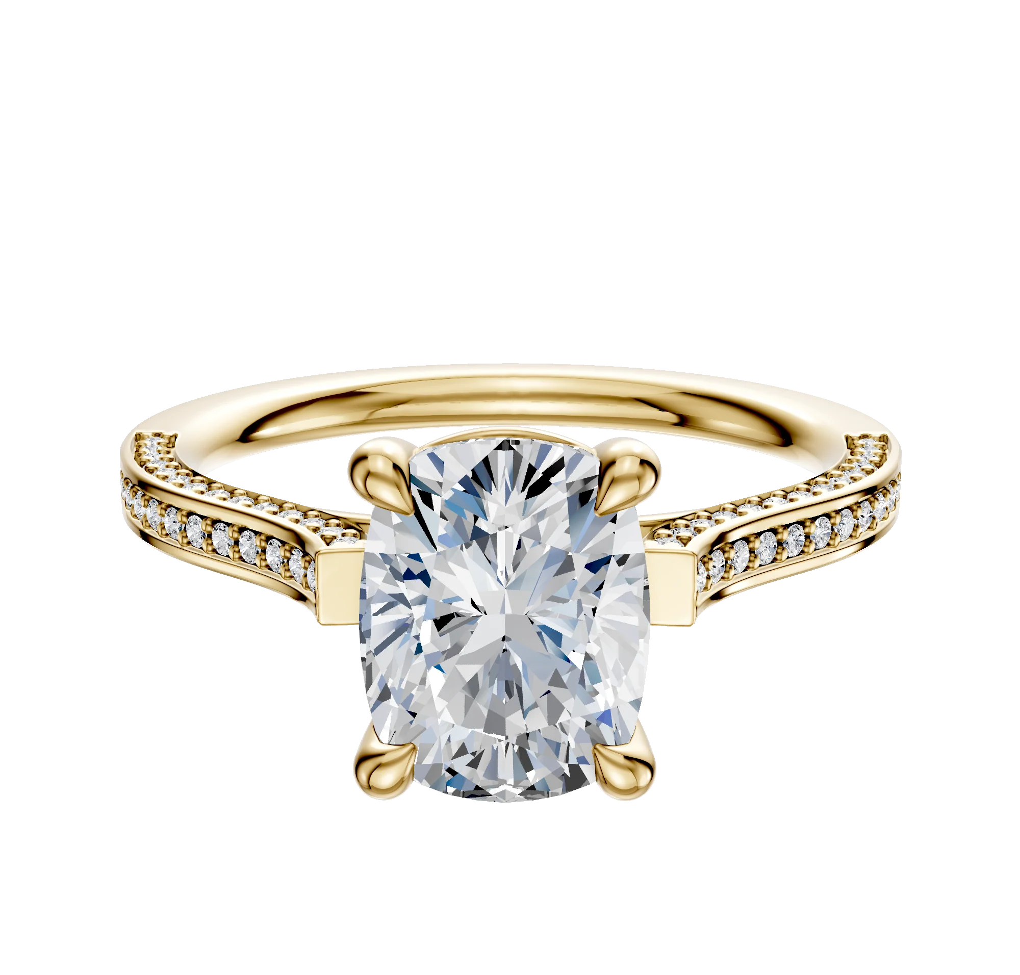 18K Yellow Gold 4 Prong Basket Cathedral Flat 3-Row-Pave 2.0mm Engagement Ring