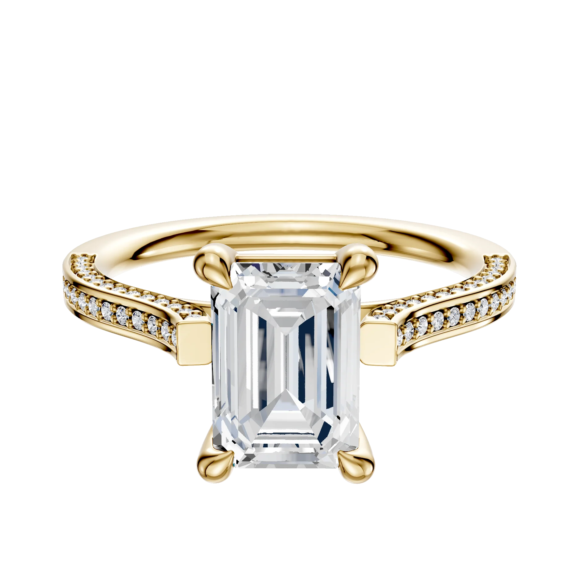 18K Yellow Gold 4 Prong Basket Cathedral Flat 3-Row-Pave 2.0mm Engagement Ring