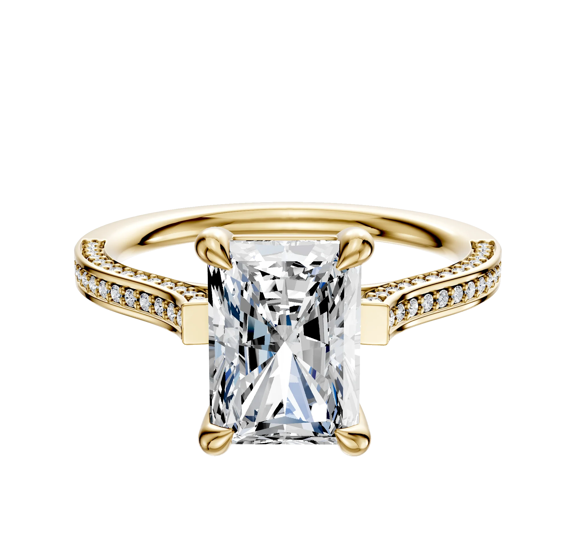 18K Yellow Gold 4 Prong Basket Cathedral Flat 3-Row-Pave 2.0mm Engagement Ring