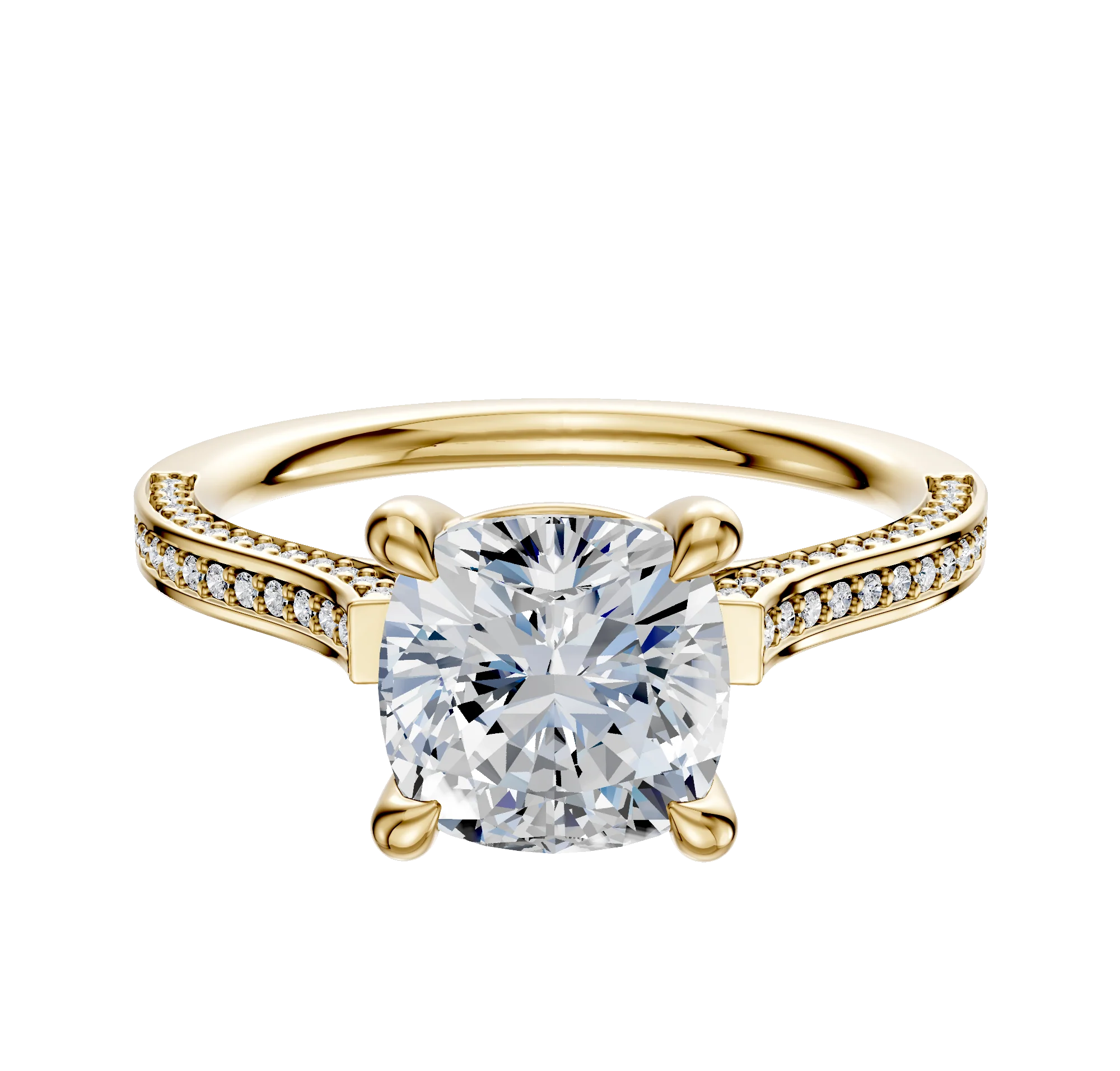 18K Yellow Gold 4 Prong Basket Cathedral Flat 3-Row-Pave 2.0mm Engagement Ring