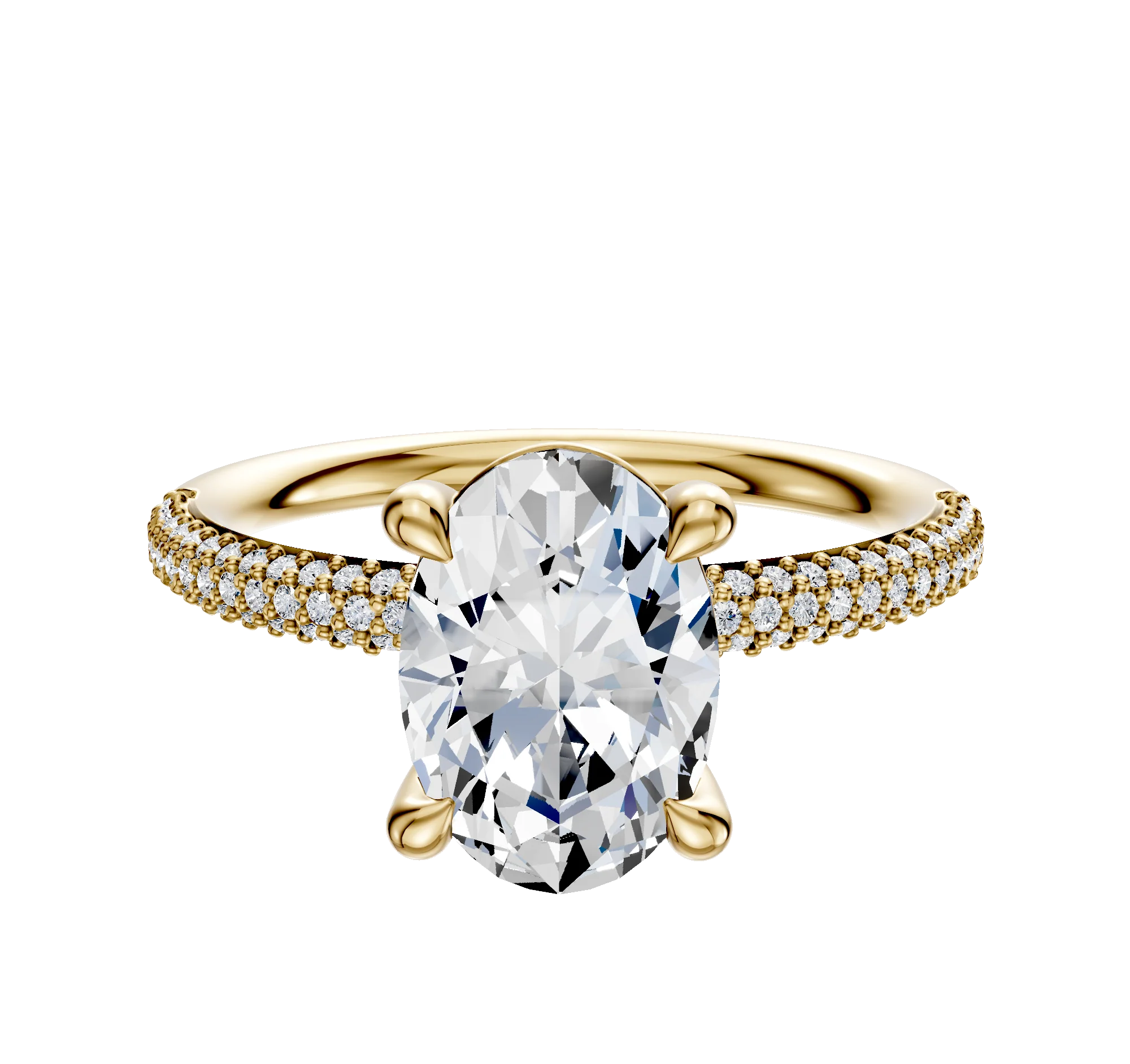 18K Yellow Gold 4 Prong Basket Classic Dome 3-Row-Pave 2.0mm Engagement Ring
