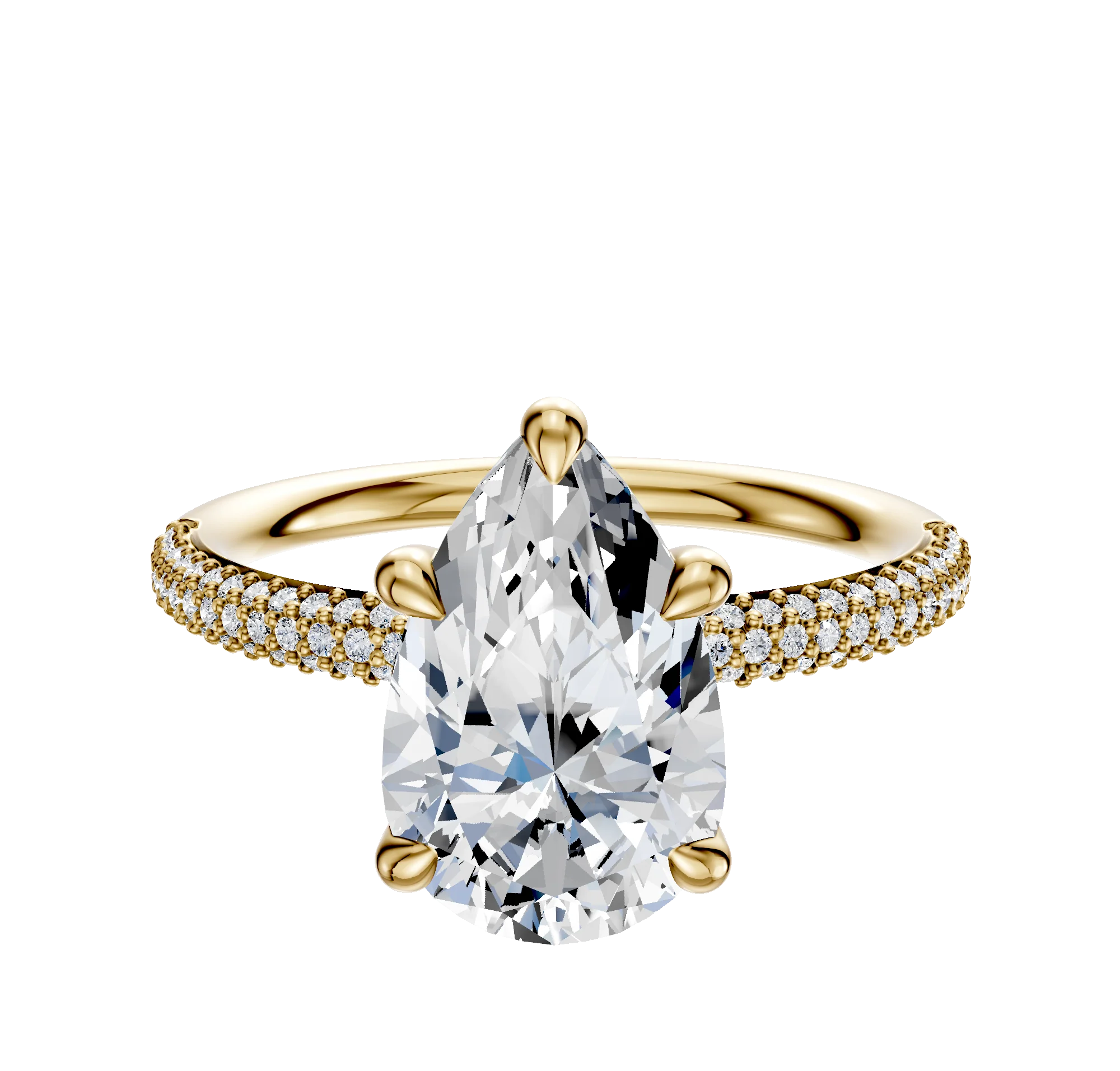 18K Yellow Gold 4 Prong Basket Classic Dome 3-Row-Pave 2.0mm Engagement Ring