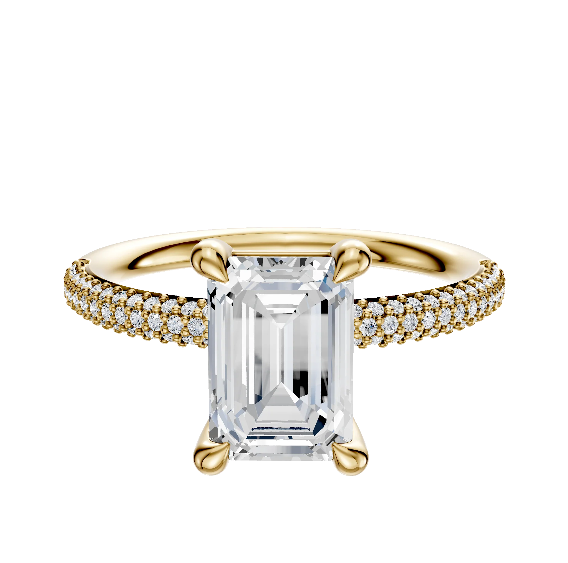 18K Yellow Gold 4 Prong Basket Classic Dome 3-Row-Pave 2.0mm Engagement Ring