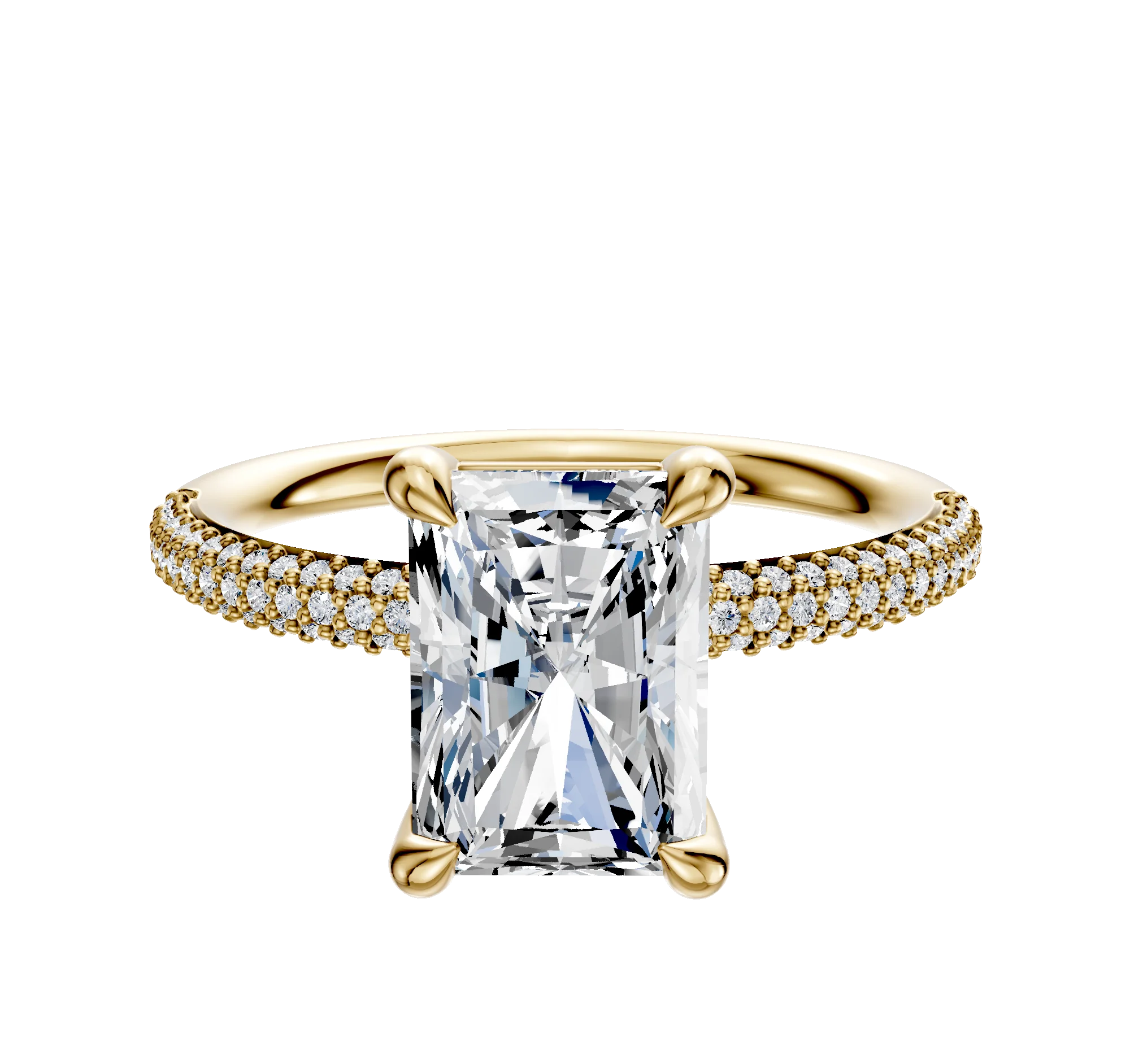 18K Yellow Gold 4 Prong Basket Classic Dome 3-Row-Pave 2.0mm Engagement Ring