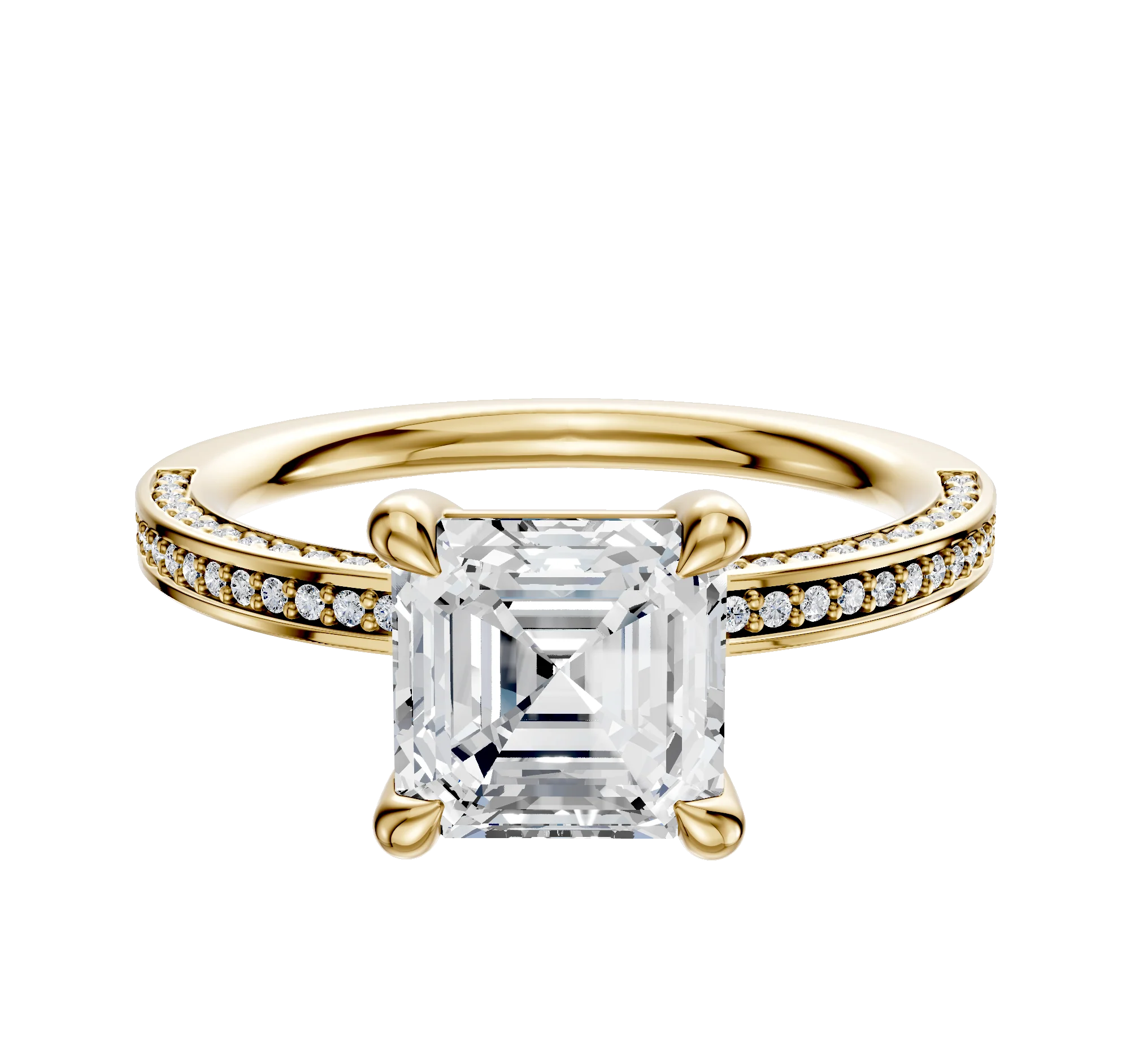 18K Yellow Gold 4 Prong Basket Classic Flat 3-Row-Pave 2.0mm Engagement Ring