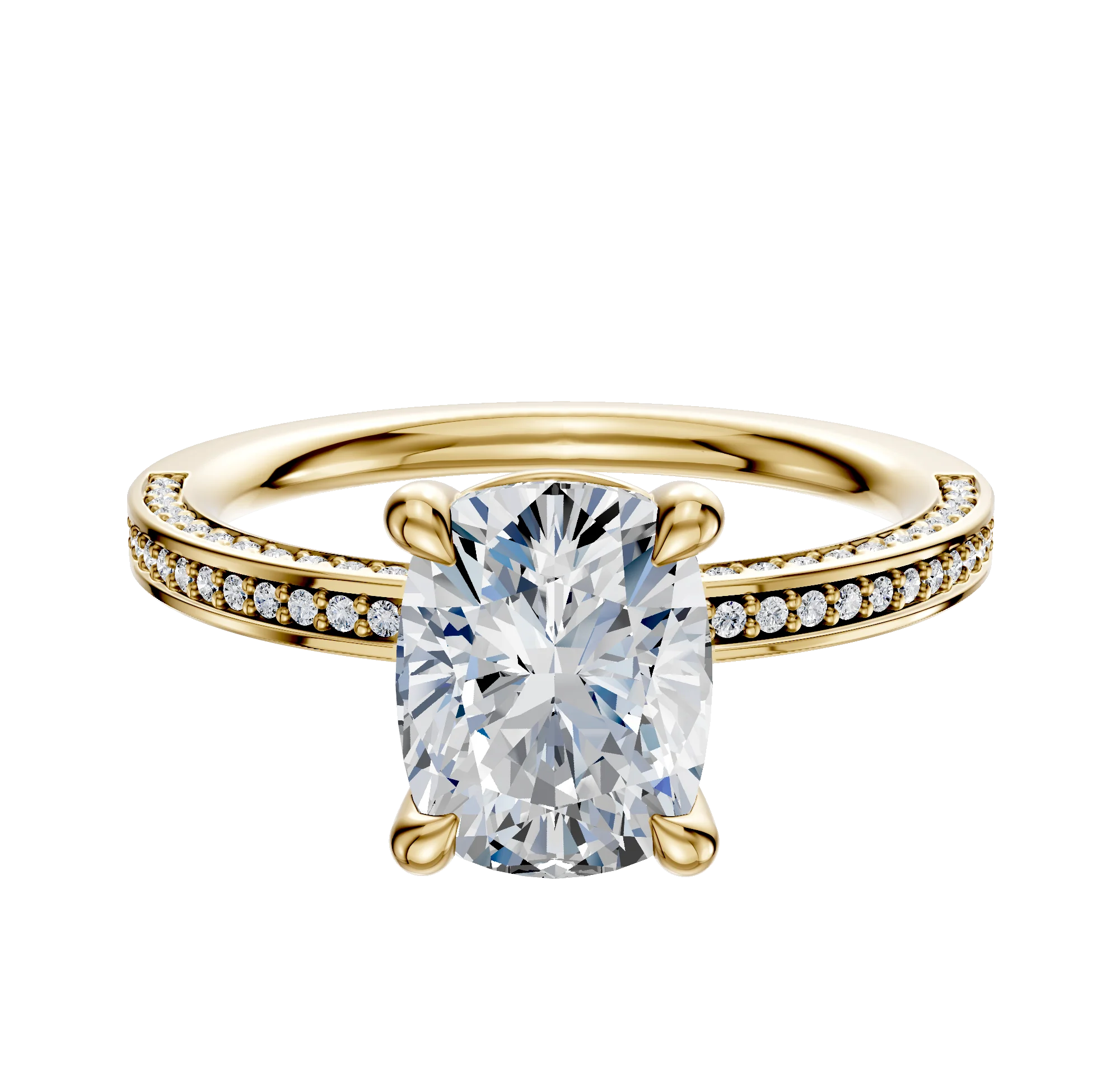 18K Yellow Gold 4 Prong Basket Classic Flat 3-Row-Pave 2.0mm Engagement Ring