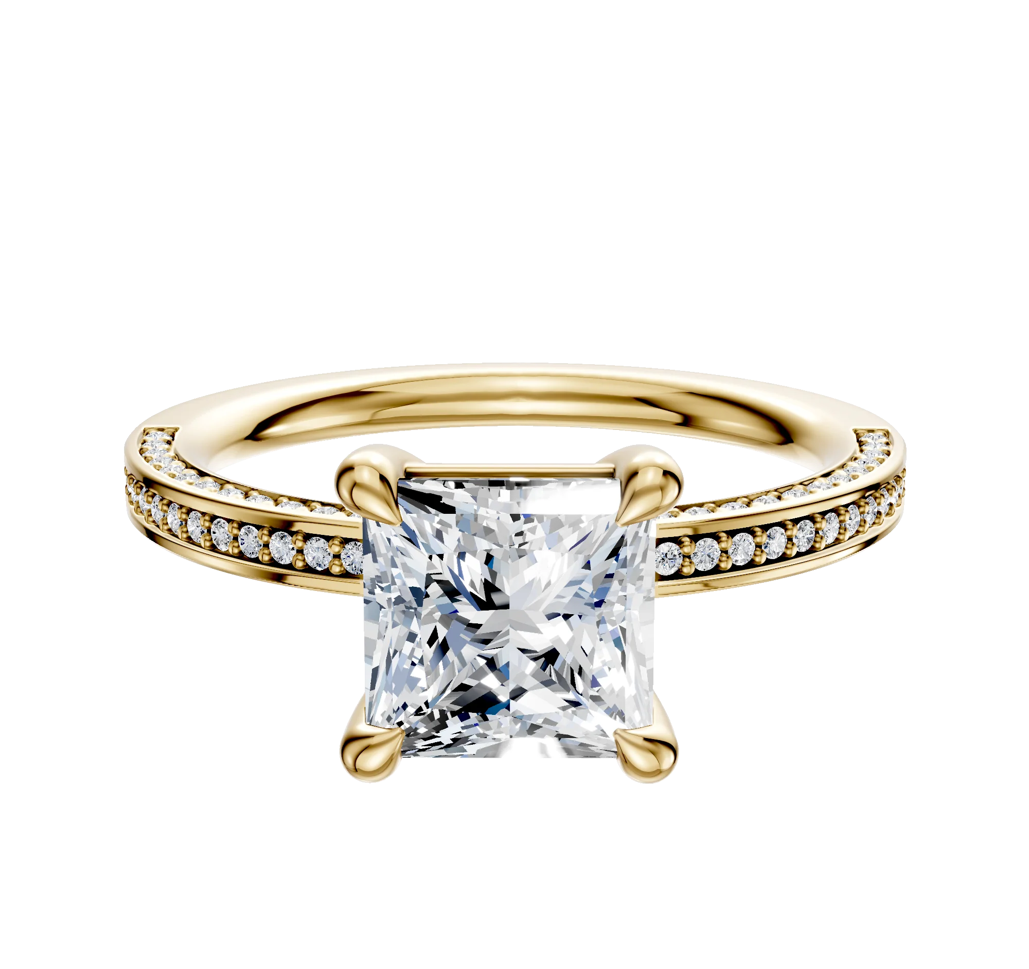 18K Yellow Gold 4 Prong Basket Classic Flat 3-Row-Pave 2.0mm Engagement Ring
