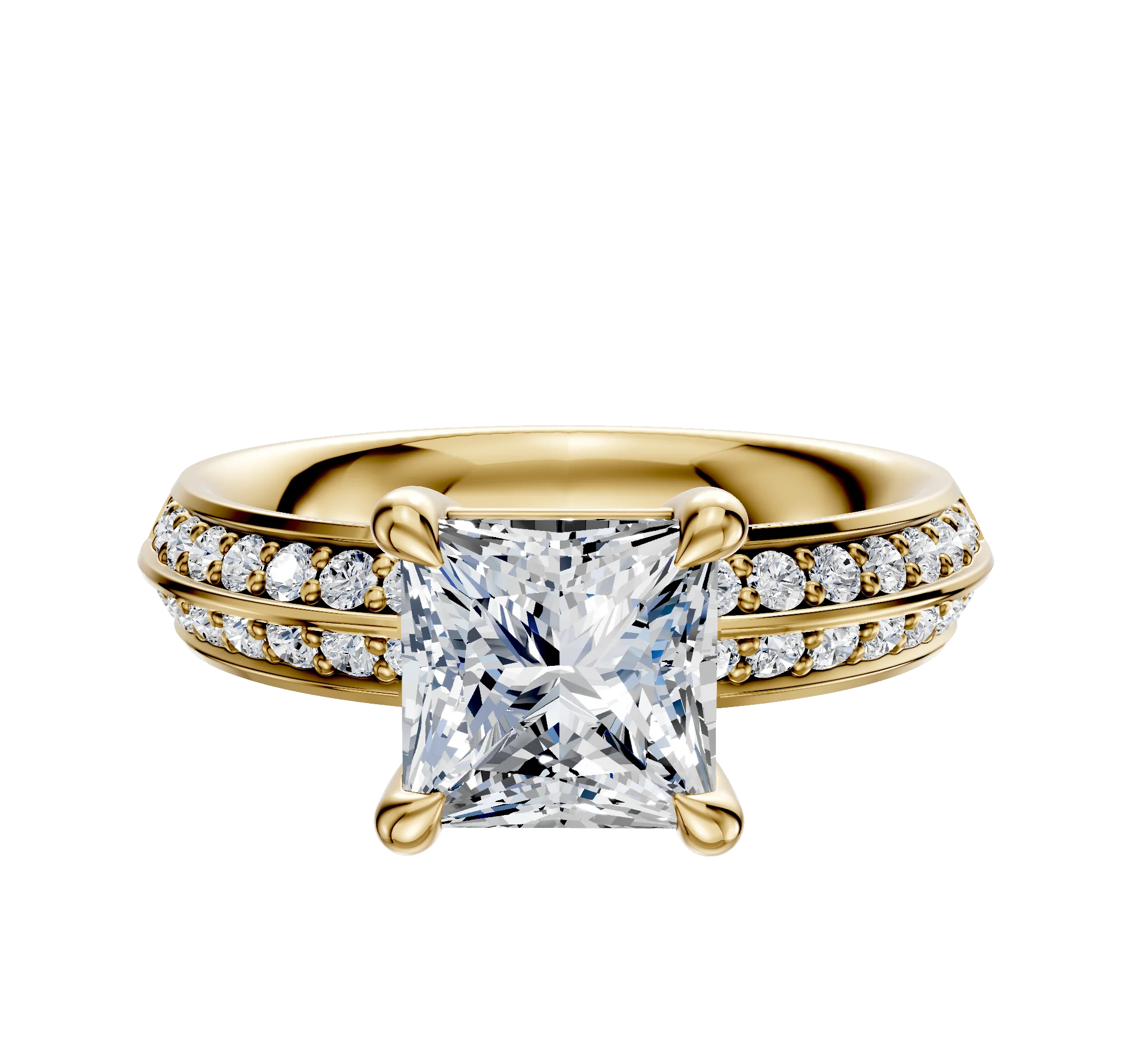18K Yellow Gold 4 Prong Basket Classic Knife Edge 1-Row-Pave 2.5mm Engagement Ring