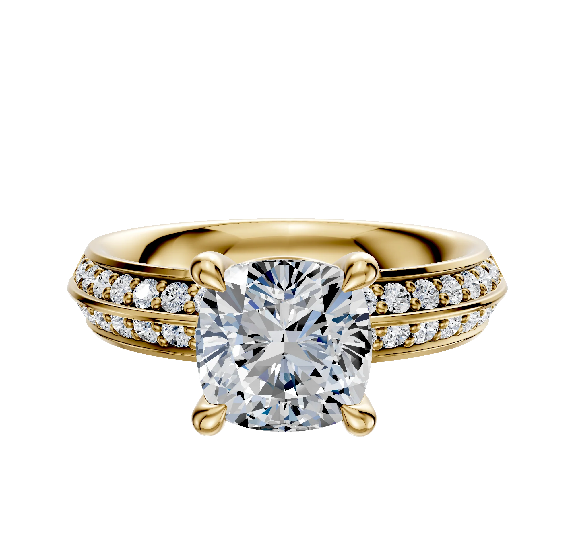18K Yellow Gold 4 Prong Basket Classic Knife Edge 1-Row-Pave 2.5mm Engagement Ring
