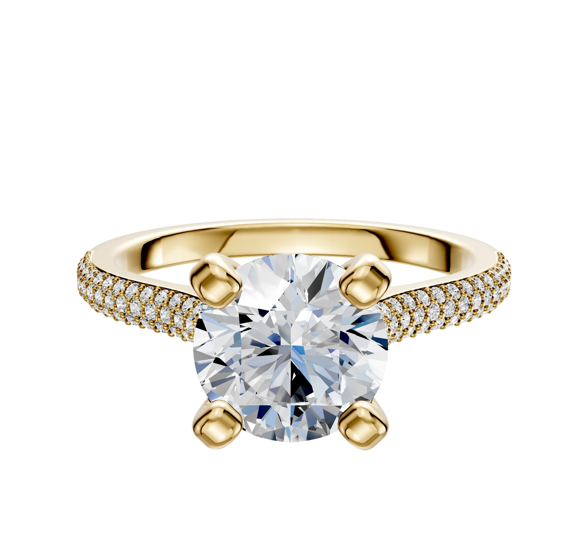 18K Yellow Gold 4 Prong Cathedral Dome 3-Row-Pave 2.0mm Engagement Ring