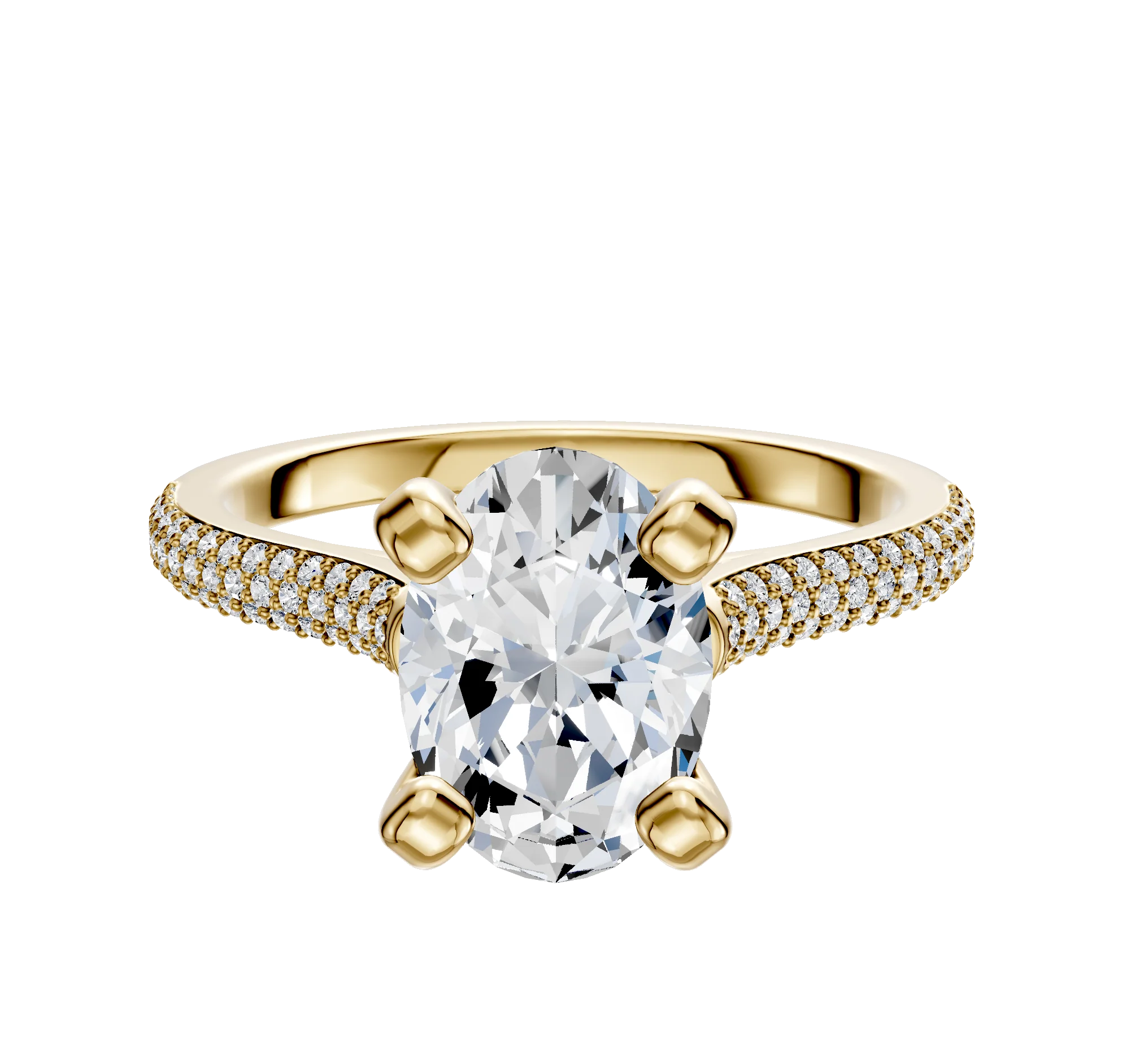 18K Yellow Gold 4 Prong Cathedral Dome 3-Row-Pave 2.0mm Engagement Ring