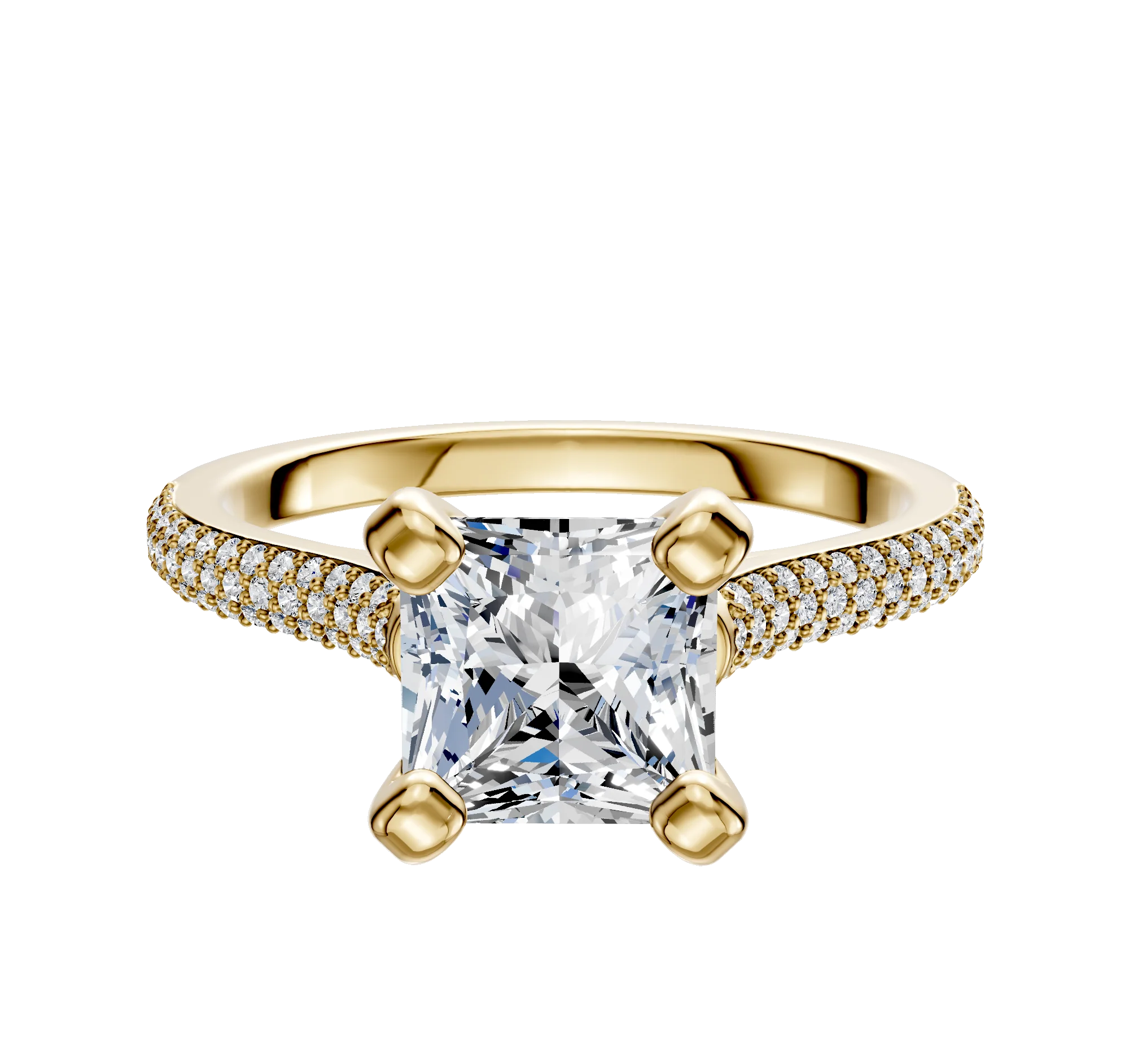 18K Yellow Gold 4 Prong Cathedral Dome 3-Row-Pave 2.0mm Engagement Ring