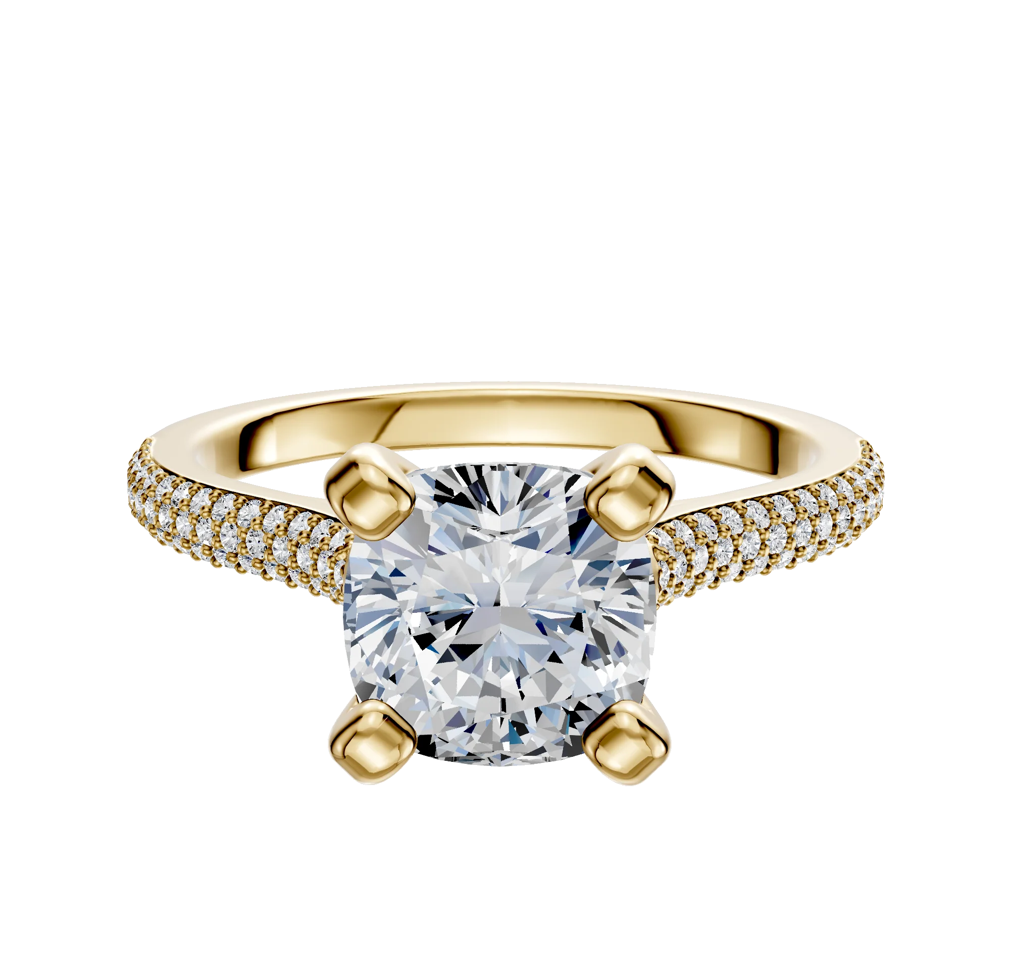 18K Yellow Gold 4 Prong Cathedral Dome 3-Row-Pave 2.0mm Engagement Ring