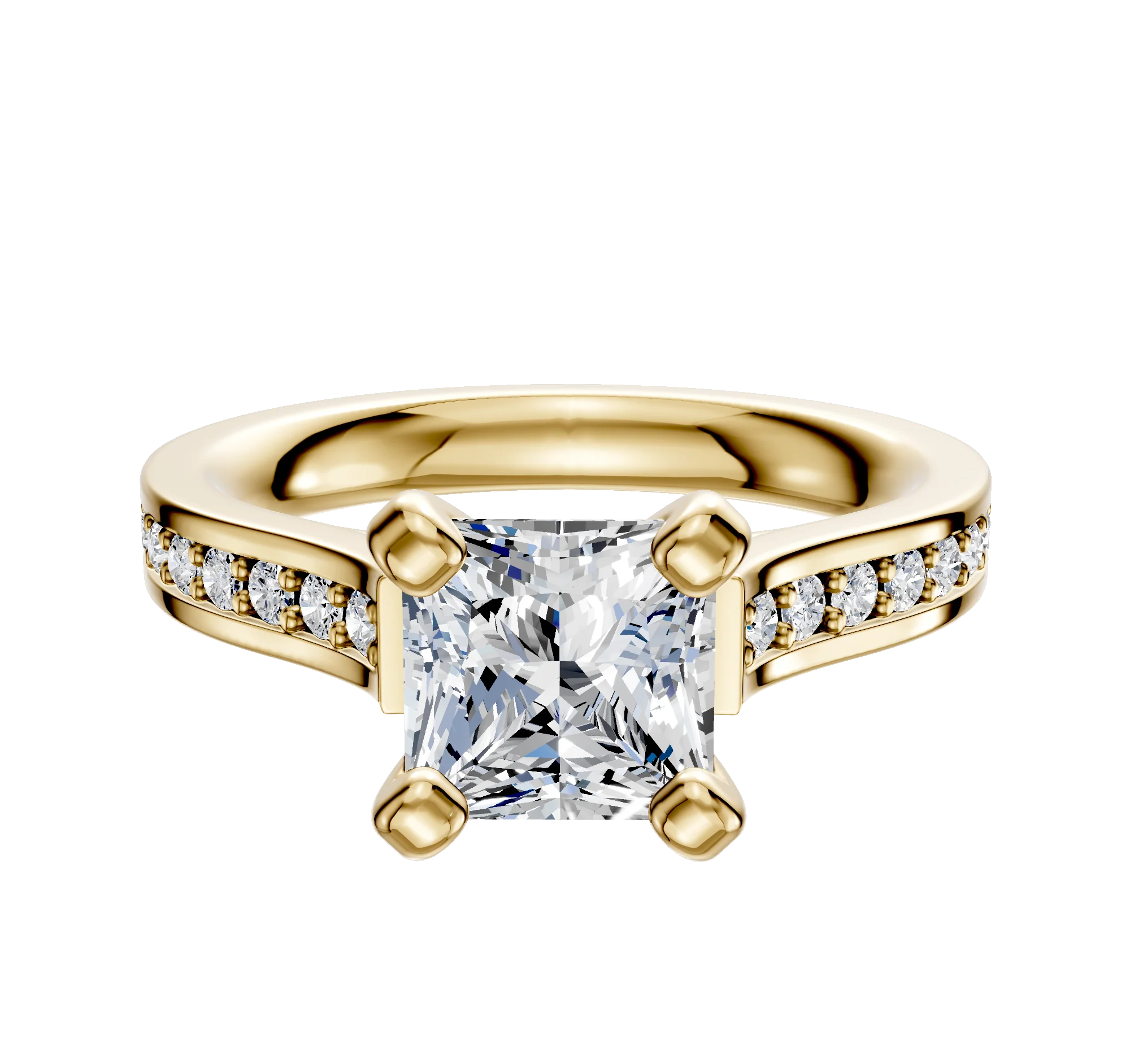 18K Yellow Gold 4 Prong Cathedral Flat 1-Row-Pave 2.5mm Engagement Ring