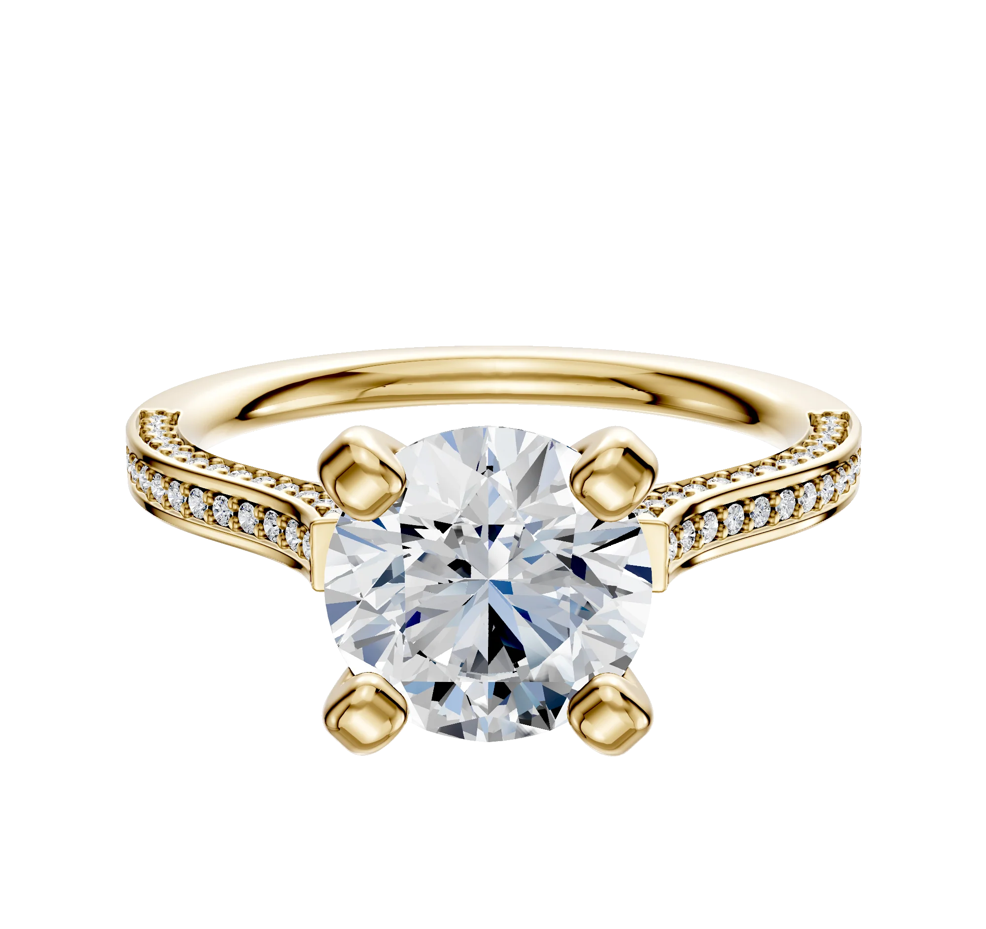 18K Yellow Gold 4 Prong Cathedral Flat 3-Row-Pave 2.0mm Engagement Ring