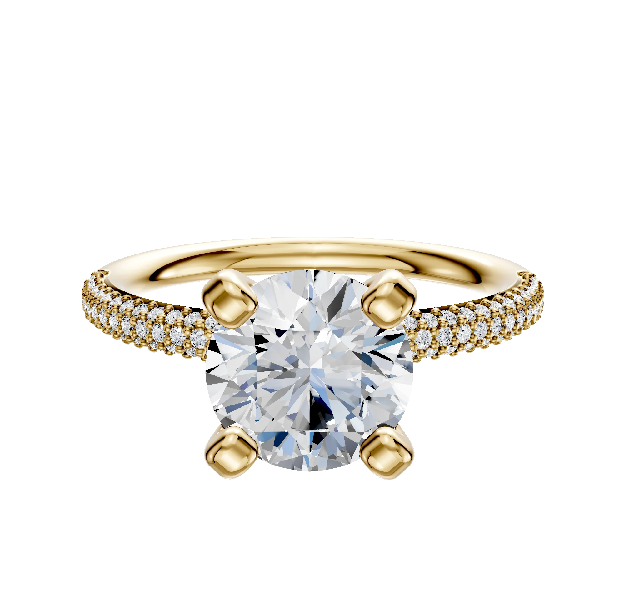 18K Yellow Gold 4 Prong Classic Dome 3-Row-Pave 2.0mm Engagement Ring
