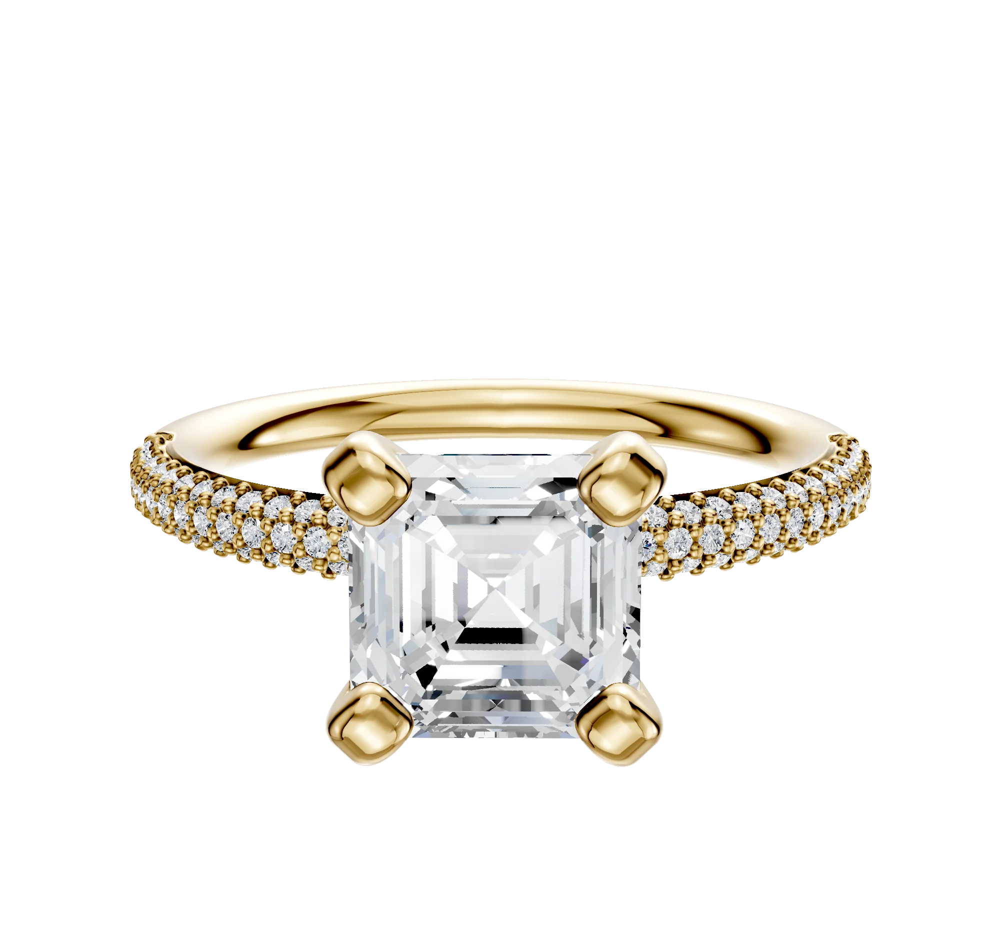 18K Yellow Gold 4 Prong Classic Dome 3-Row-Pave 2.0mm Engagement Ring