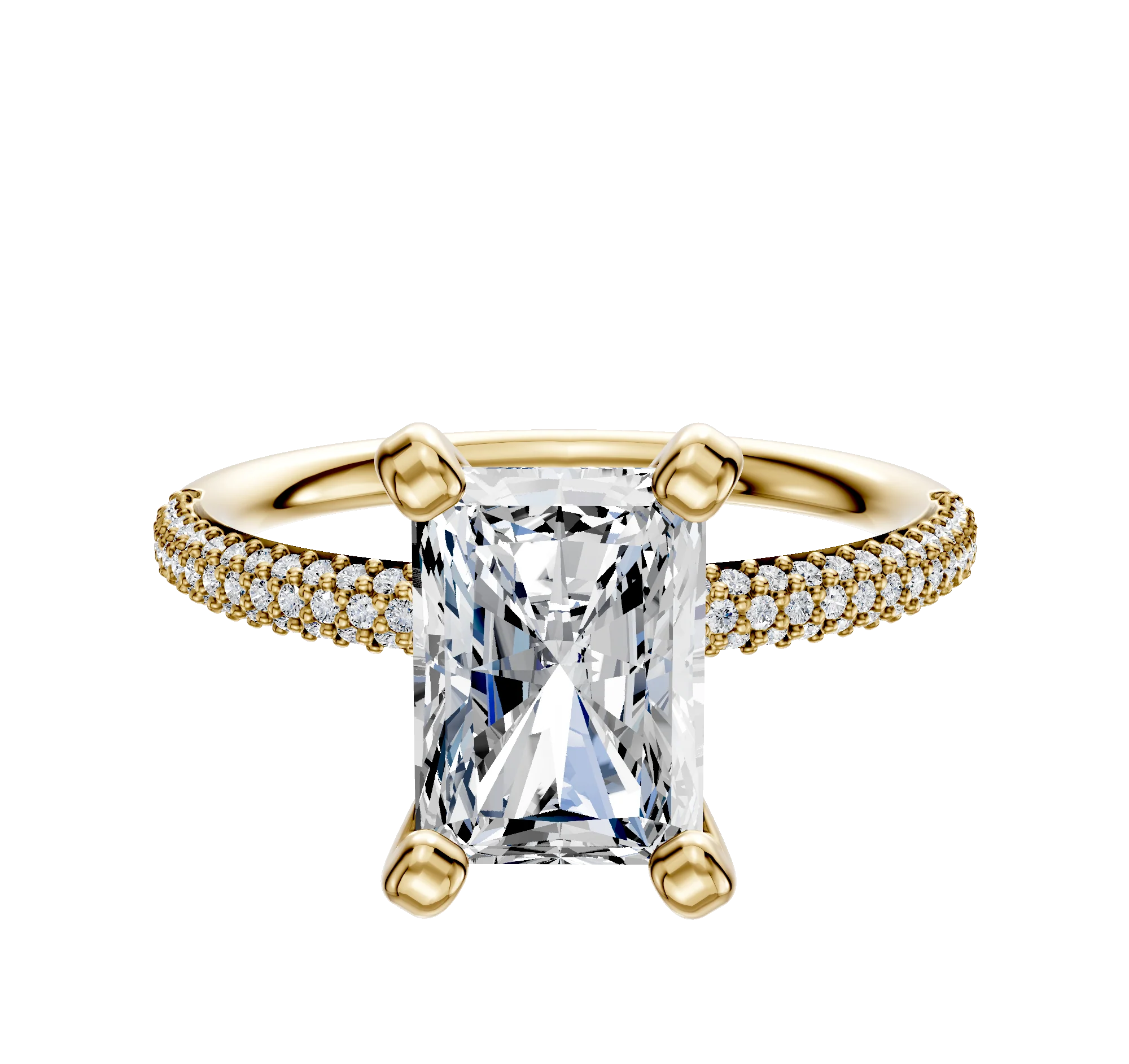 18K Yellow Gold 4 Prong Classic Dome 3-Row-Pave 2.0mm Engagement Ring