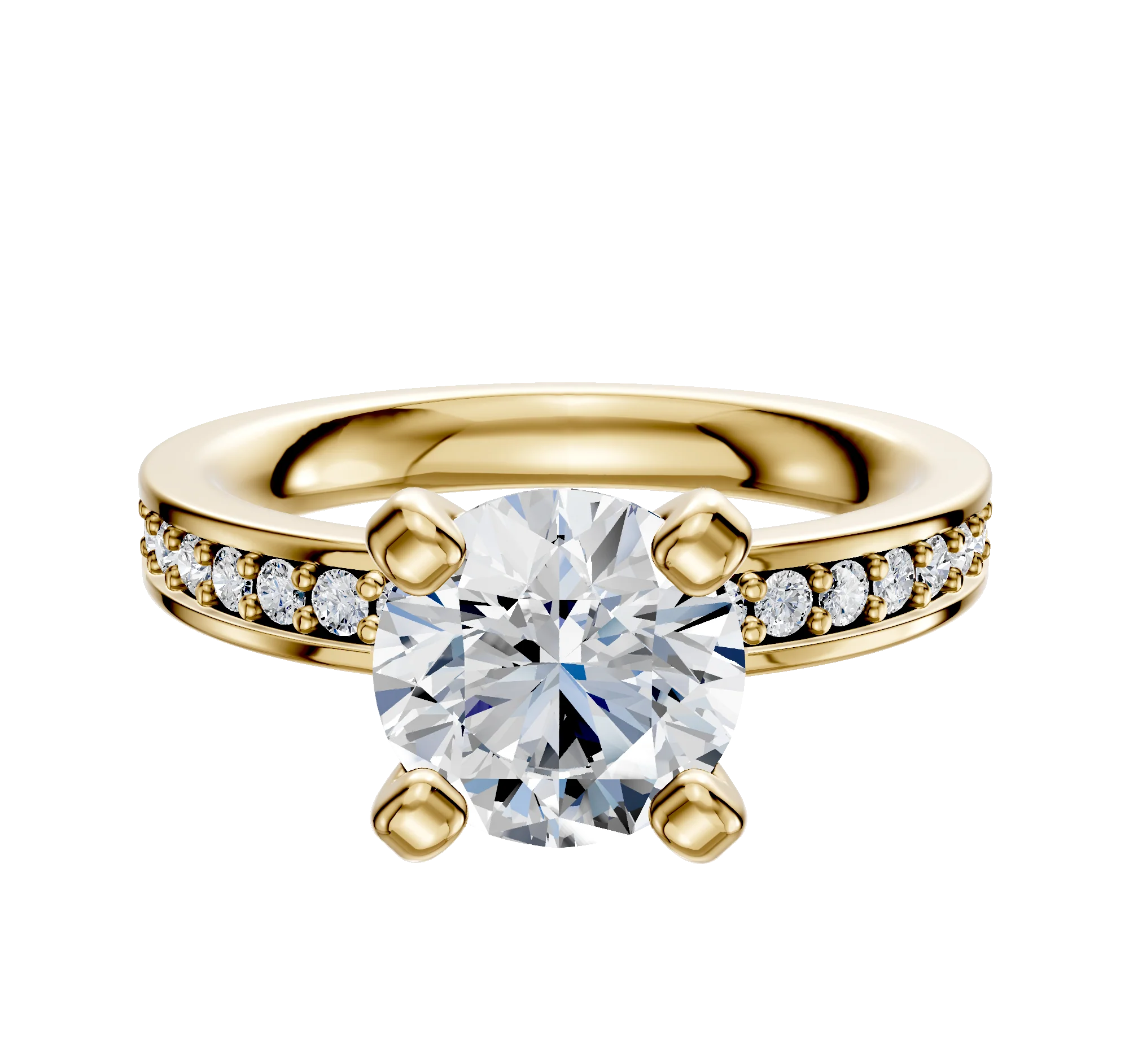 18K Yellow Gold 4 Prong Classic Flat 1-Row-Pave 2.5mm Engagement Ring
