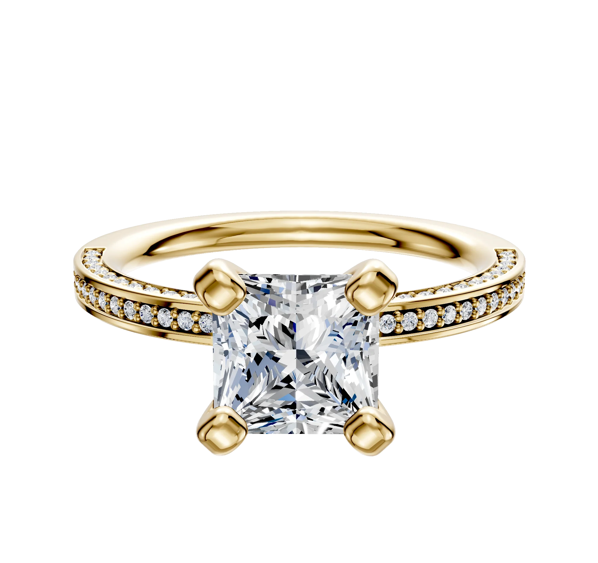 18K Yellow Gold 4 Prong Classic Flat 3-Row-Pave 2.0mm Engagement Ring