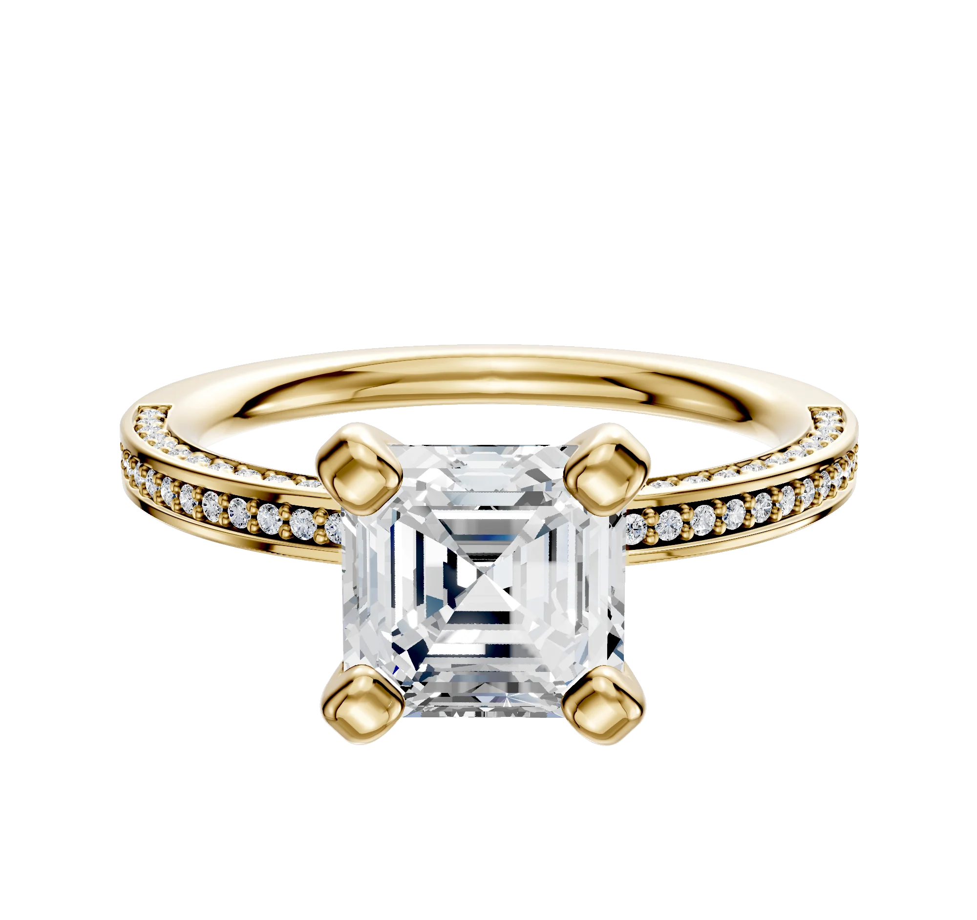 18K Yellow Gold 4 Prong Classic Flat 3-Row-Pave 2.0mm Engagement Ring