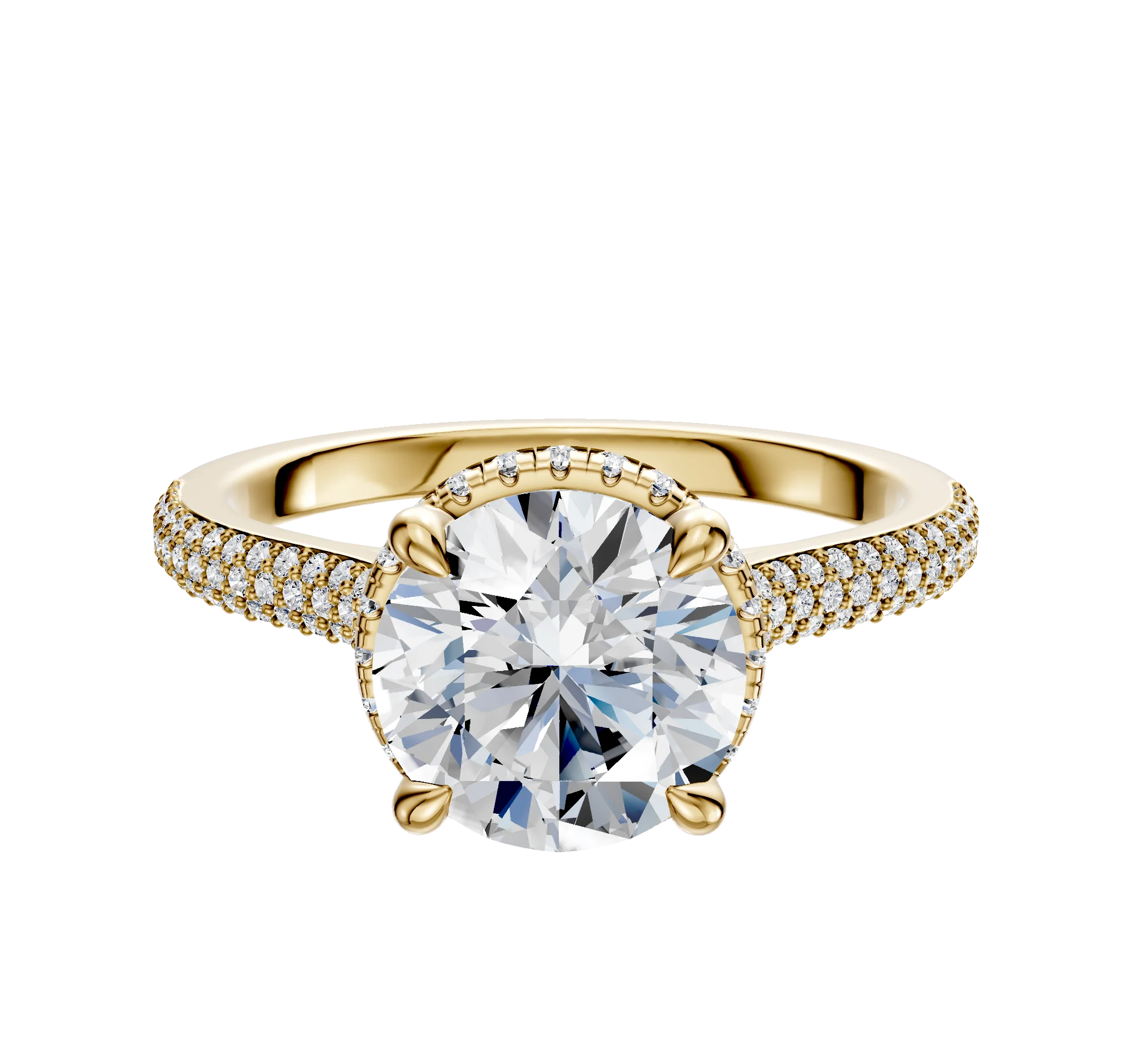 18K Yellow Gold 4 Prong Collar Cathedral Dome 3-Row-Pave 2.0mm Engagement Ring