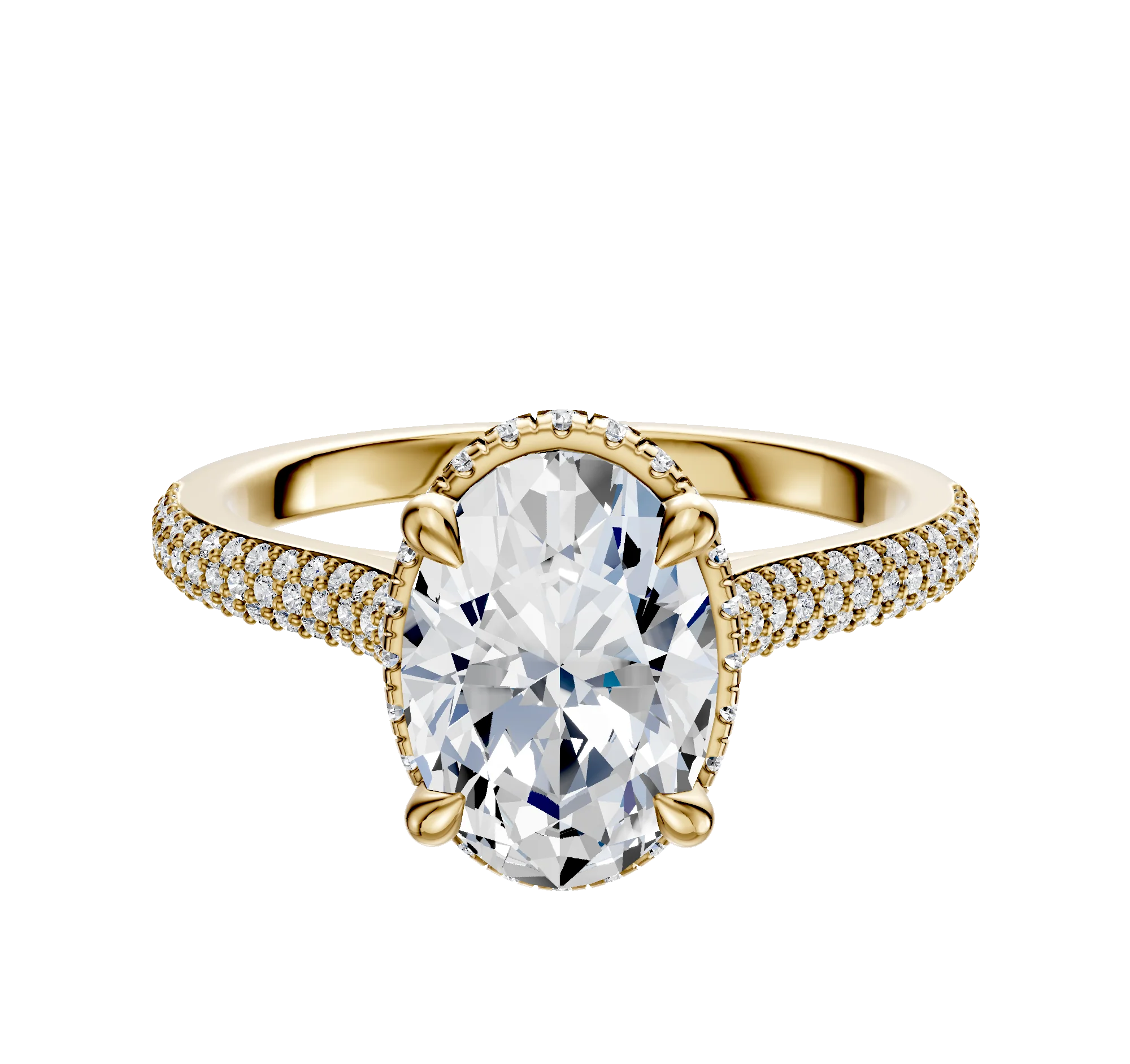 18K Yellow Gold 4 Prong Collar Cathedral Dome 3-Row-Pave 2.0mm Engagement Ring