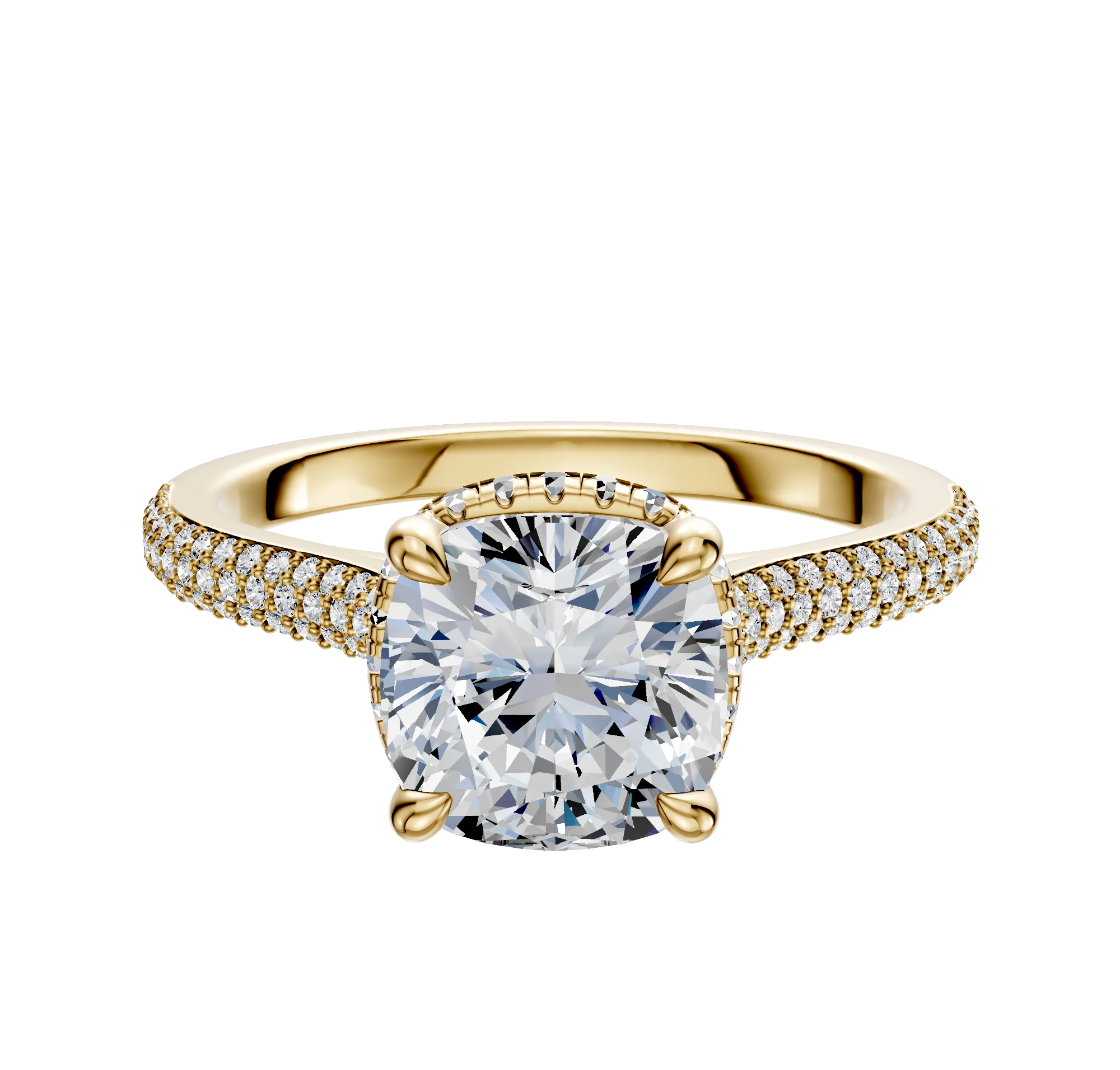 18K Yellow Gold 4 Prong Collar Cathedral Dome 3-Row-Pave 2.0mm Engagement Ring