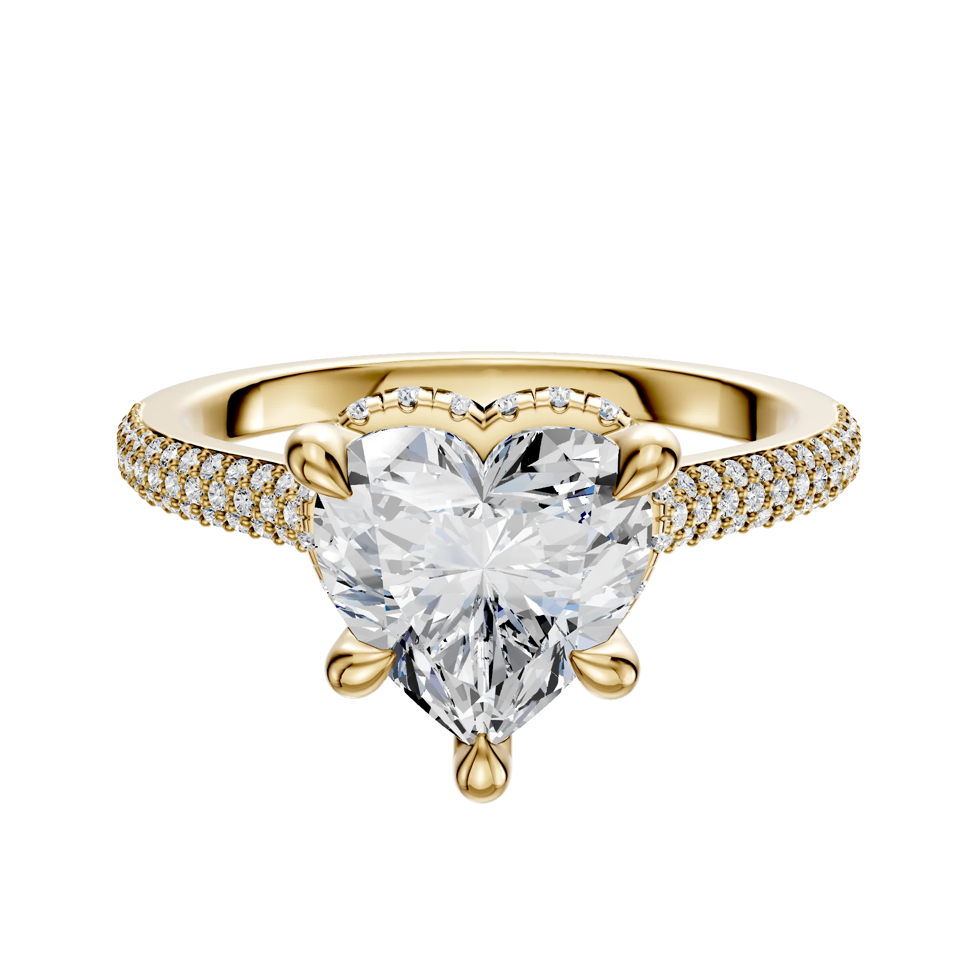 18K Yellow Gold 4 Prong Collar Cathedral Dome 3-Row-Pave 2.0mm Engagement Ring