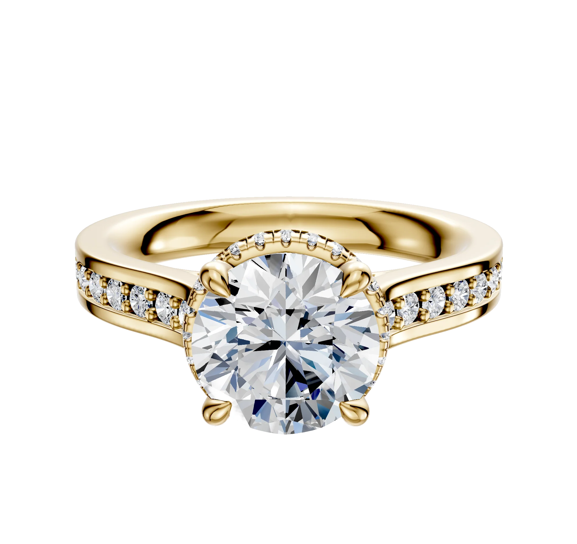 18K Yellow Gold 4 Prong Collar Cathedral Flat 1-Row-Pave 2.5mm Engagement Ring