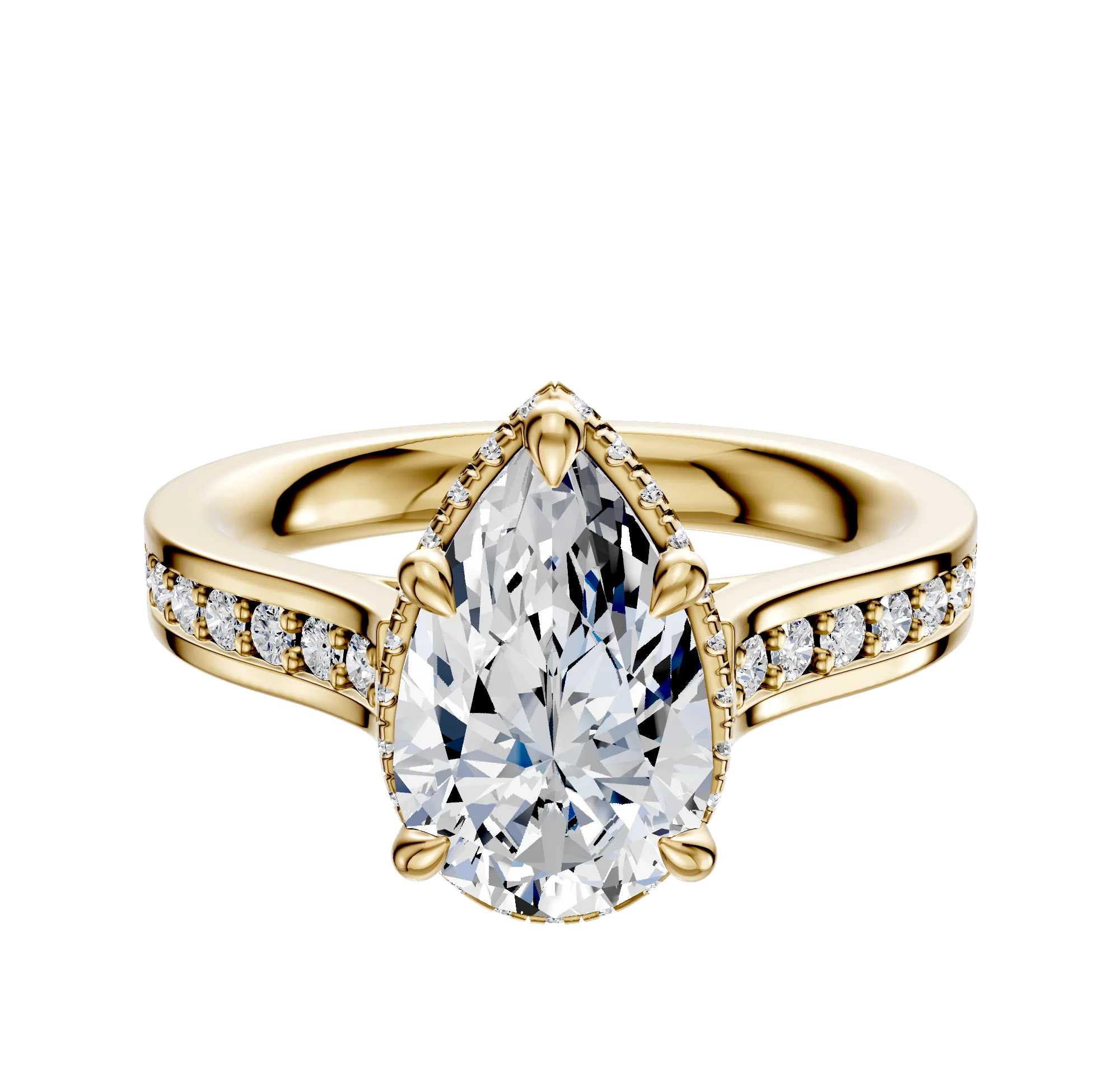 18K Yellow Gold 4 Prong Collar Cathedral Flat 1-Row-Pave 2.5mm Engagement Ring
