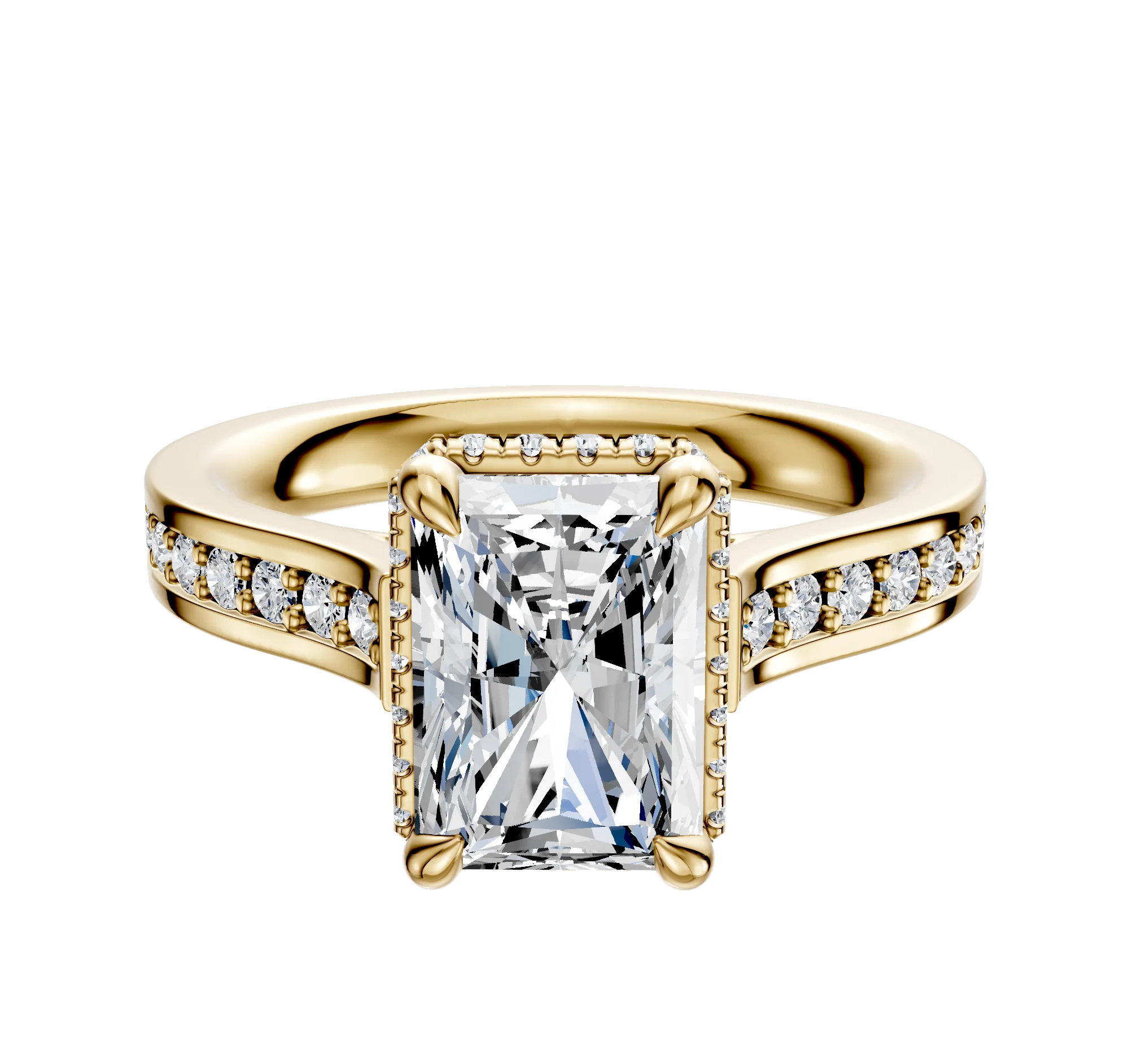 18K Yellow Gold 4 Prong Collar Cathedral Flat 1-Row-Pave 2.5mm Engagement Ring