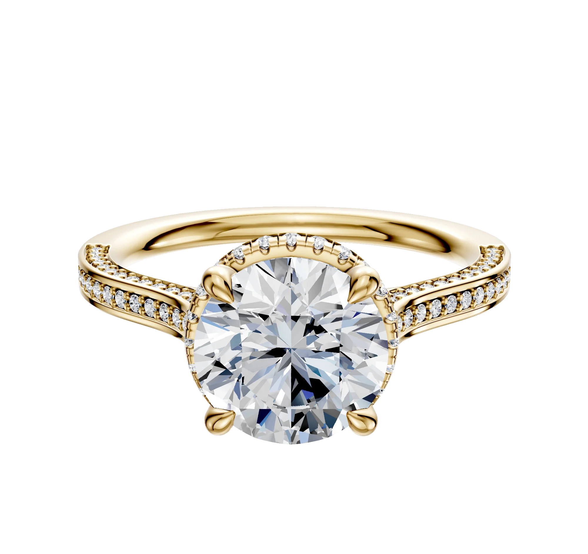 18K Yellow Gold 4 Prong Collar Cathedral Flat 3-Row-Pave 2.0mm Engagement Ring