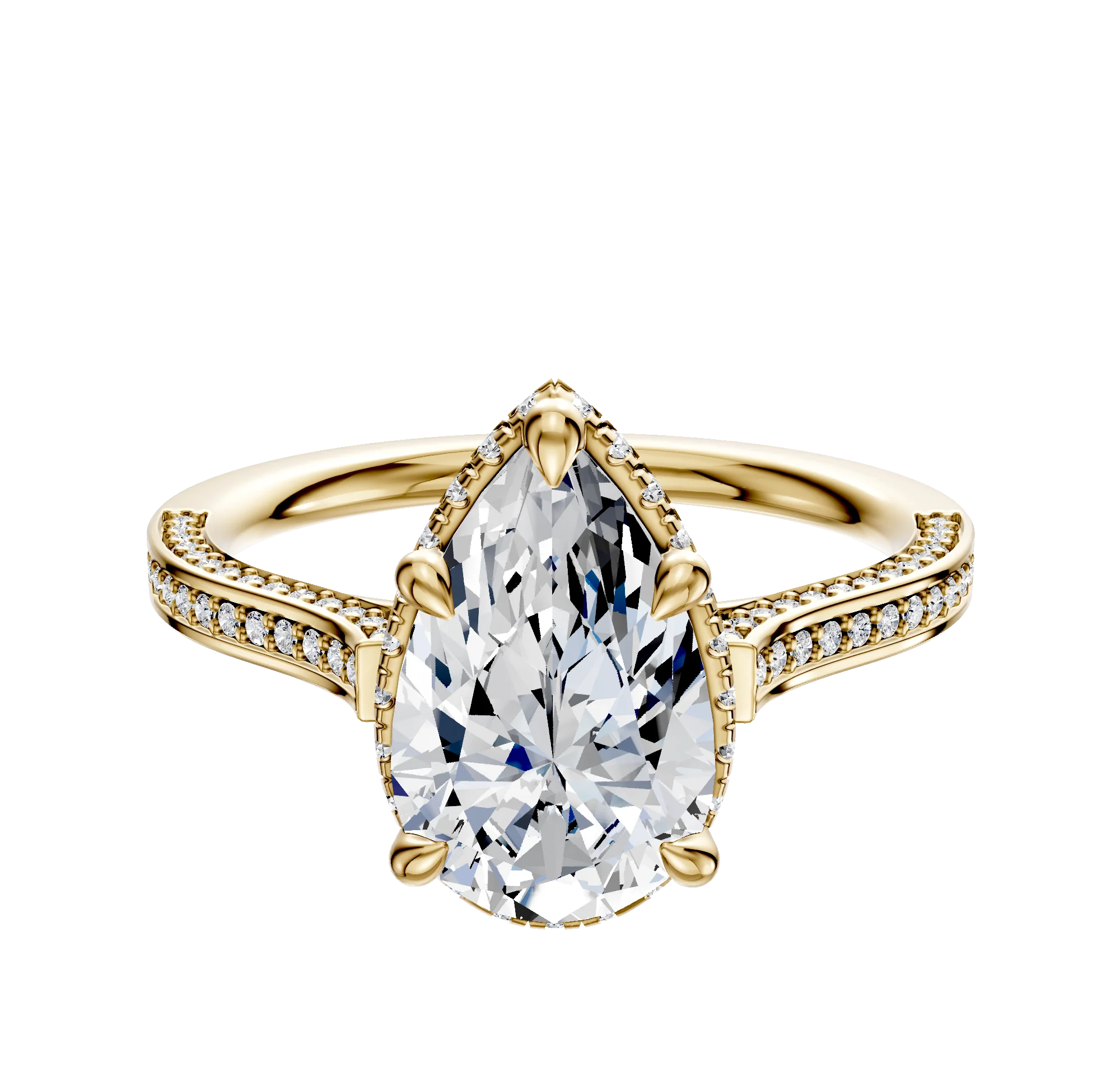18K Yellow Gold 4 Prong Collar Cathedral Flat 3-Row-Pave 2.0mm Engagement Ring