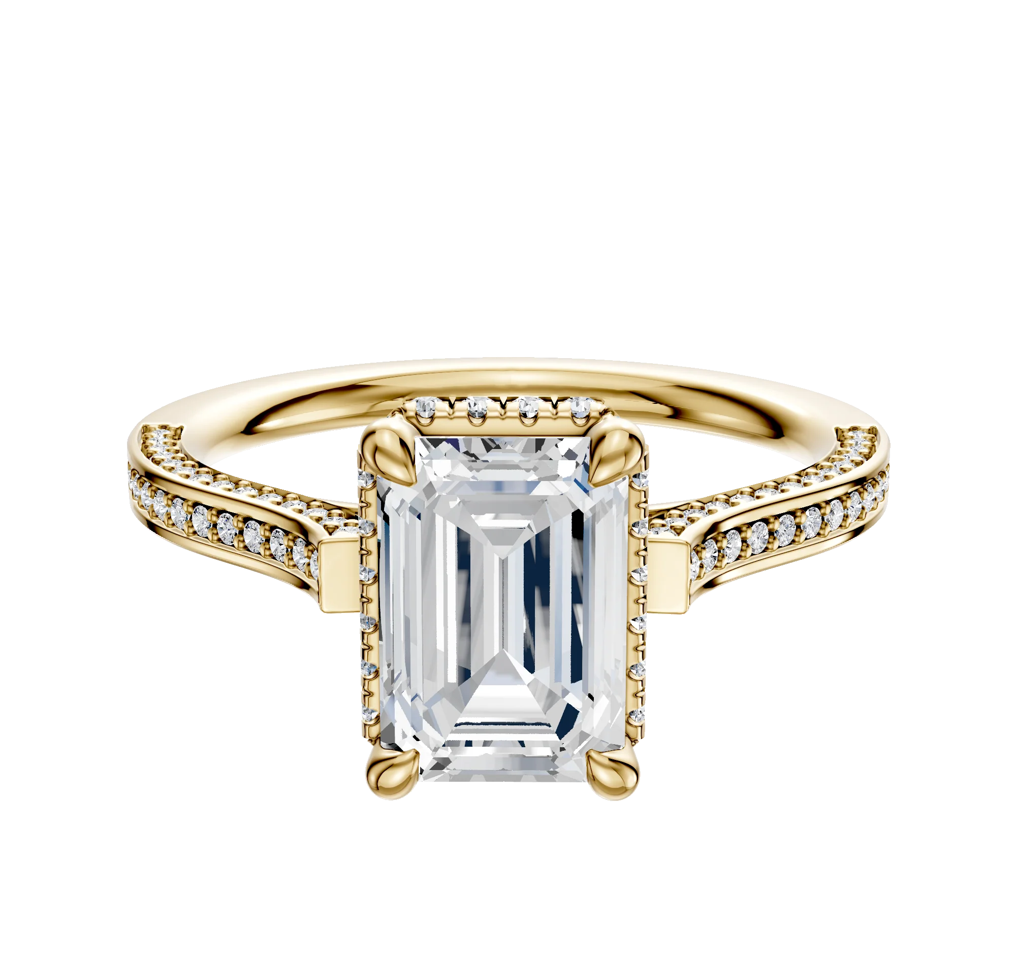 18K Yellow Gold 4 Prong Collar Cathedral Flat 3-Row-Pave 2.0mm Engagement Ring